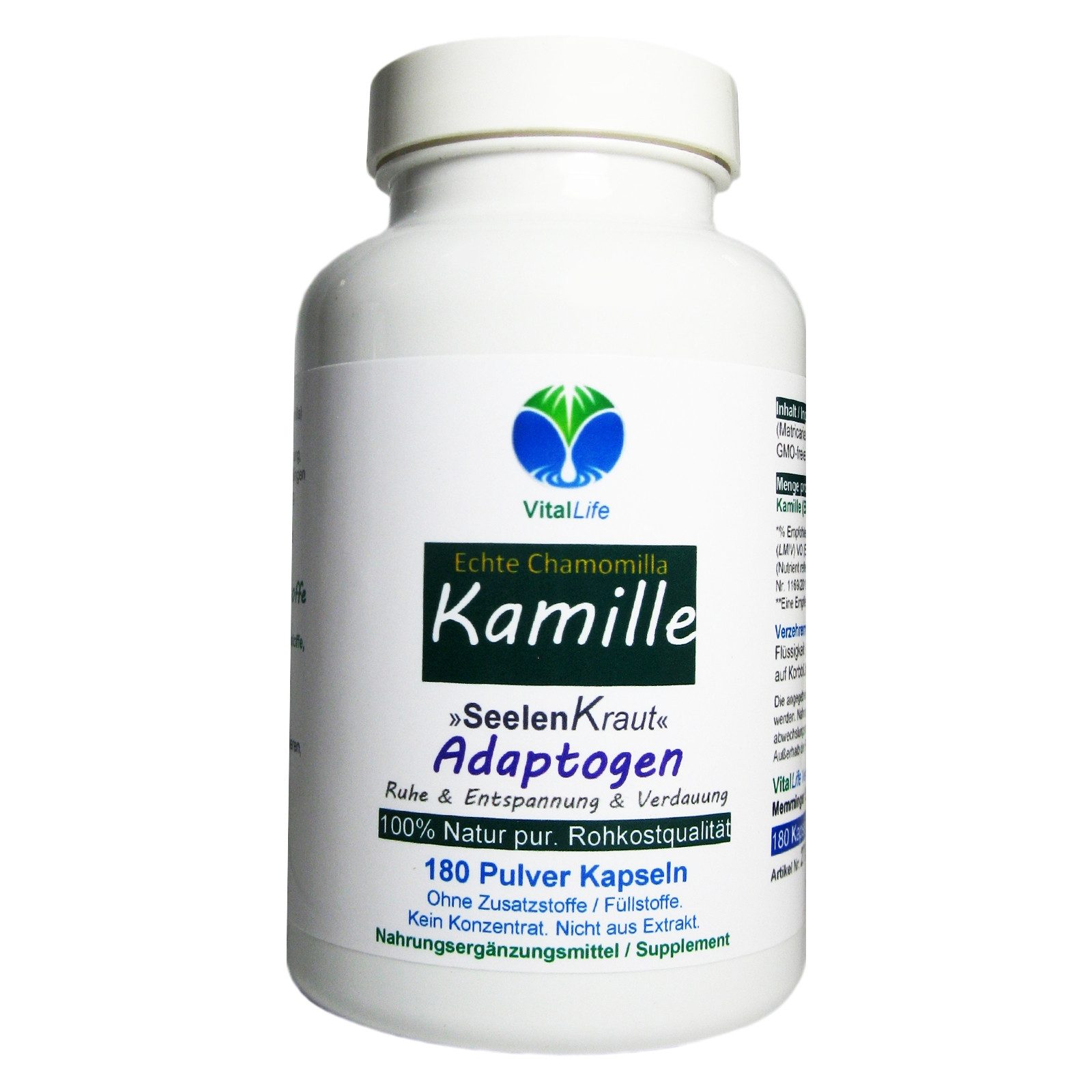 VitalLife Echte Kamille Kamillenblüten kein Extrakt ohne Zusatzstoffe Kapseln, 1 er Dose à 180 St., 64,8 g, Art. 27120-180