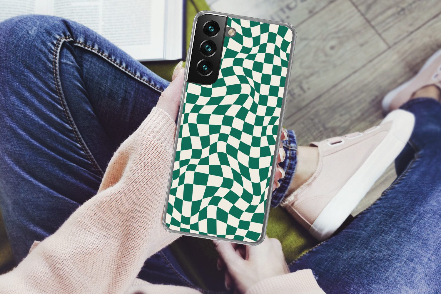 MuchoWow Handyhülle für Samsung Galaxy S22 Gewellte Boxen - Grün - Weiß - Abstrakt, Phone Case, Silikon, Schutzhülle Dünn