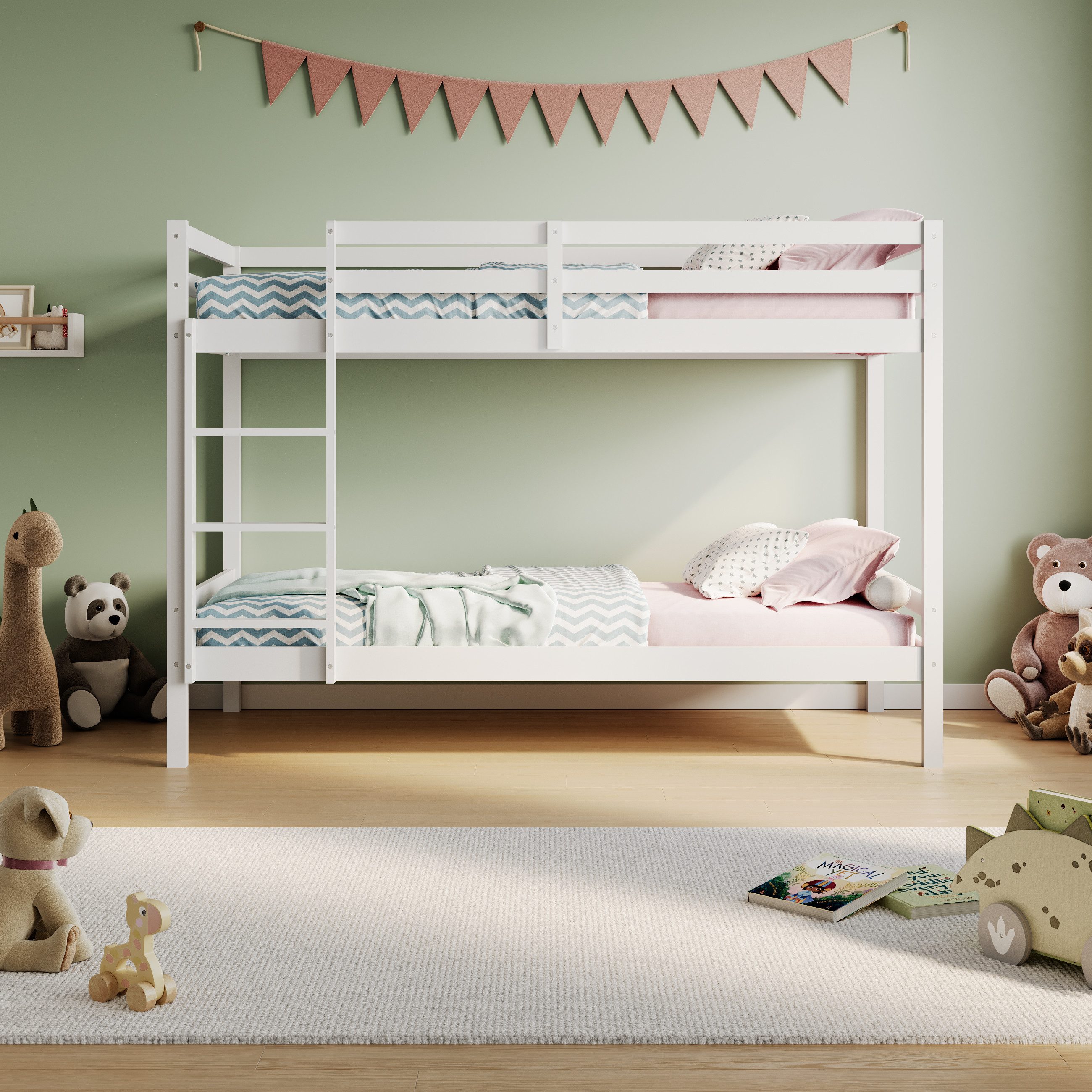 Kids Collective Loft Bed 90x200 Bunk Bed, EN 747 certified and space-saving design (with safe climbing) Bunk bed 206x96x146 cm, White