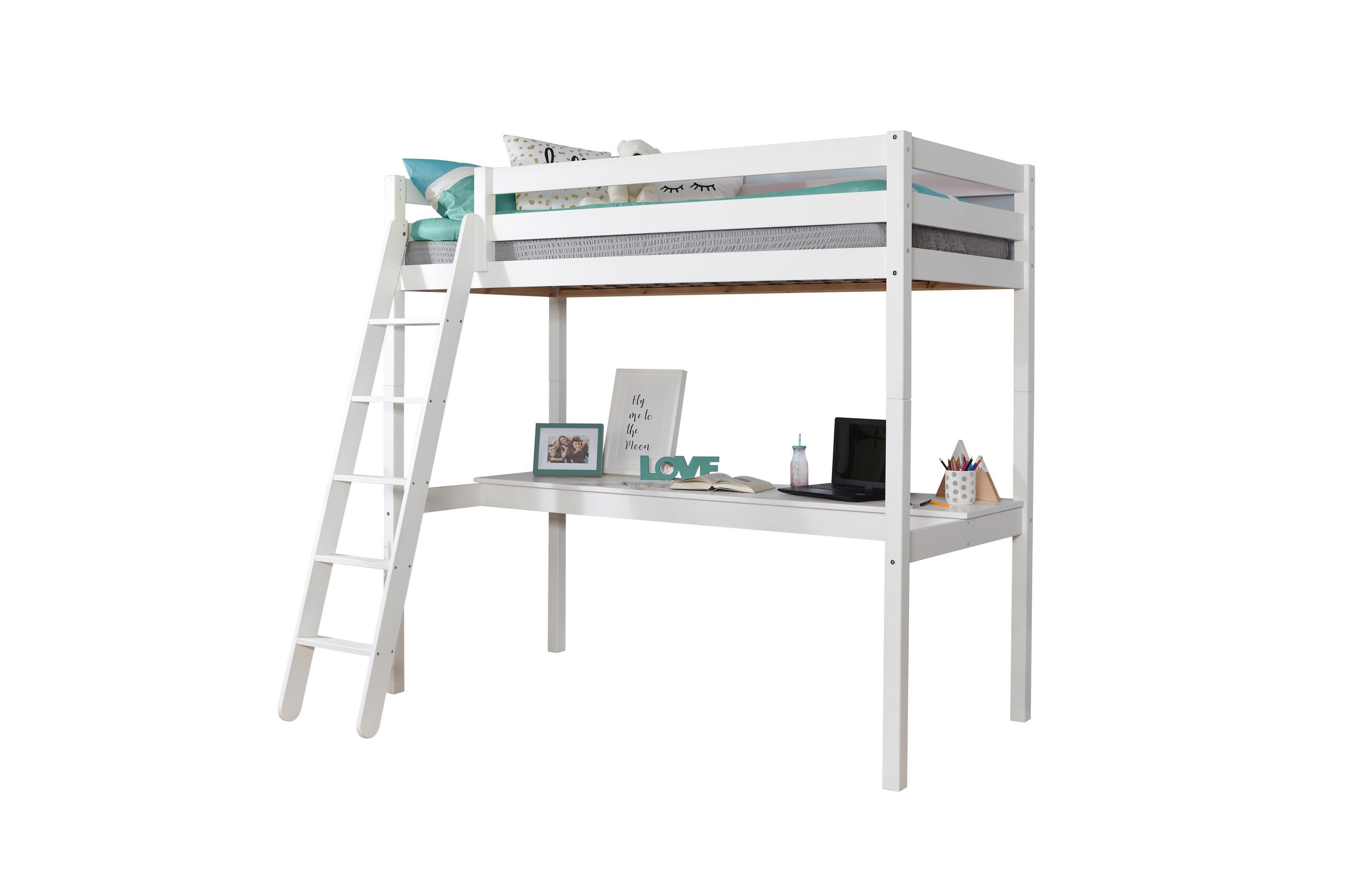 Ticaa Hochbett Hochbett „Felix“ mit Schreibtisch Kiefer massiv Optimale Raumnutzung, Schreibtischplatte Maß L206 x B50 cm