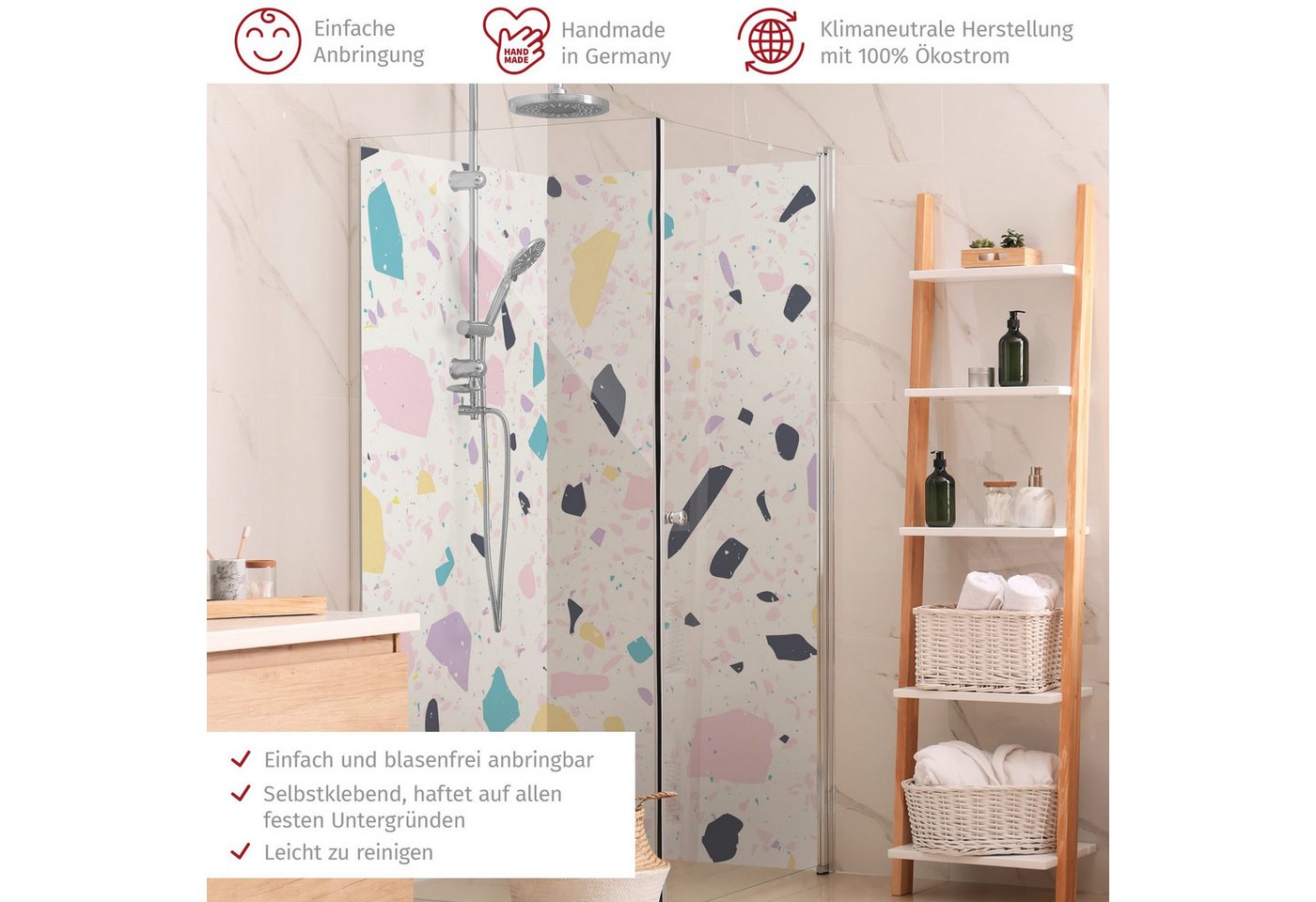 Thumbnail - Bilderdepot24 Badrückwand Muster bunt Duschrückwand ohne Bohren Dusche, (2-tlg., Hart-Folie Premium matt 0,61 mm), fugen...