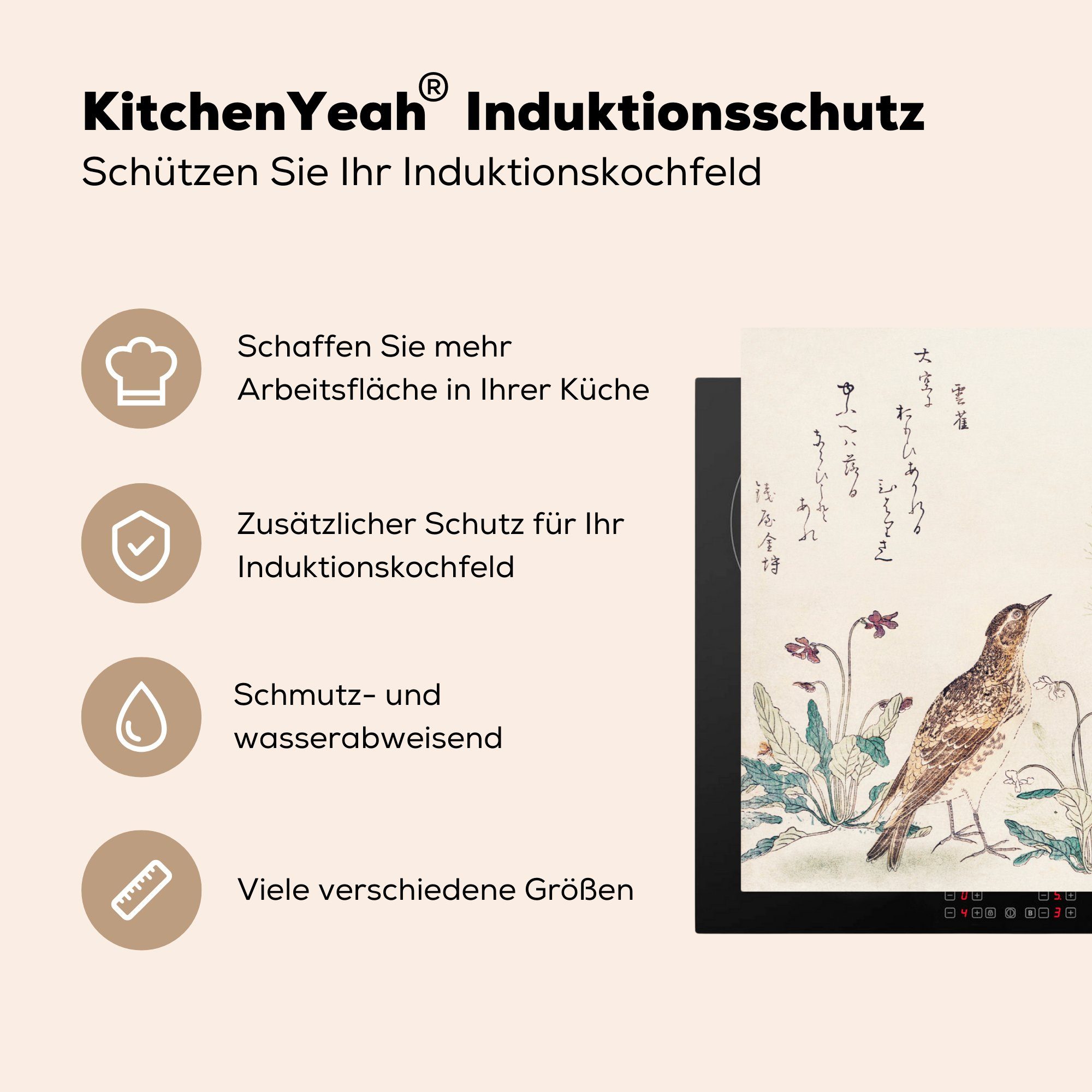 Arbeitsplatte cm, (1 83x51 Japan MuchoWow Pflanze, küche Ceranfeldabdeckung, tlg), Herdblende-/Abdeckplatte - - Vinyl, für Vogel