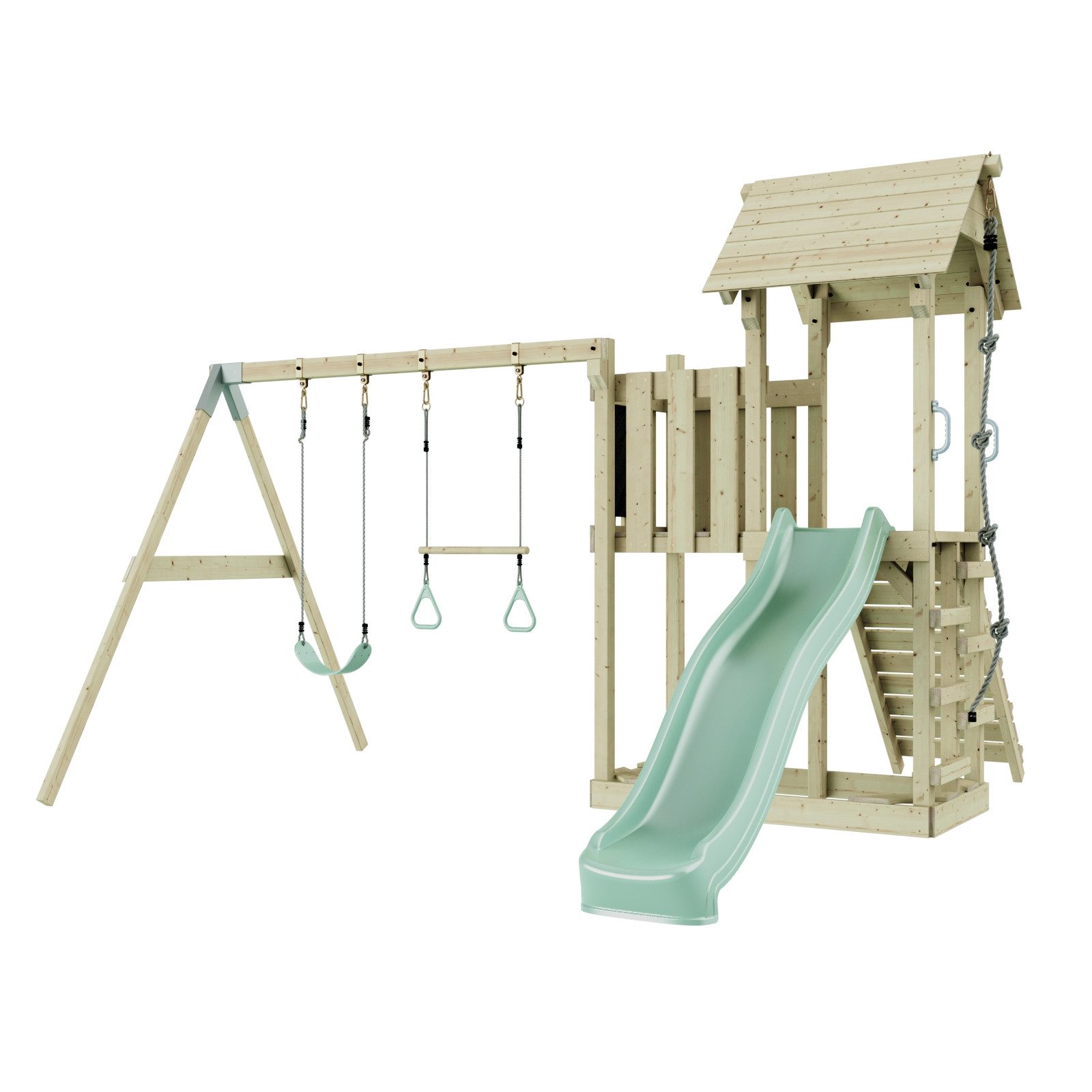OutdoorToys Spielturm Uppsala aus Holz in Mintgrün mit Trapezstange & Rutsche, aus Holz in Mintgrün mit Trapezstange & Rutsche