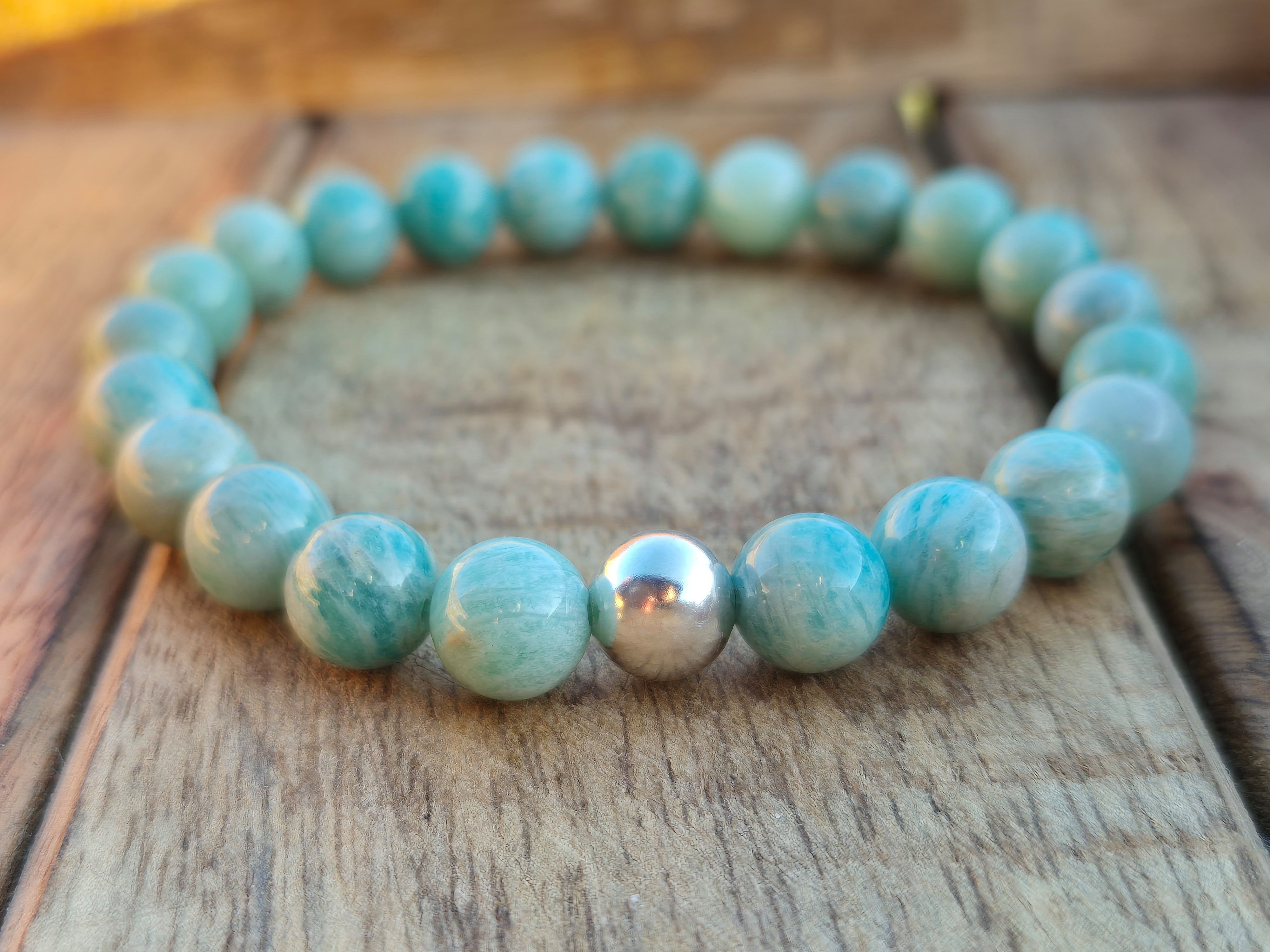 NAHLE Perlenarmband Amazonit mit 925 Silberperle Naturstein Armband (inkl. Schmuckbox), dehnbar - mit 925 Silberperle - in vielen Größen erhältlich