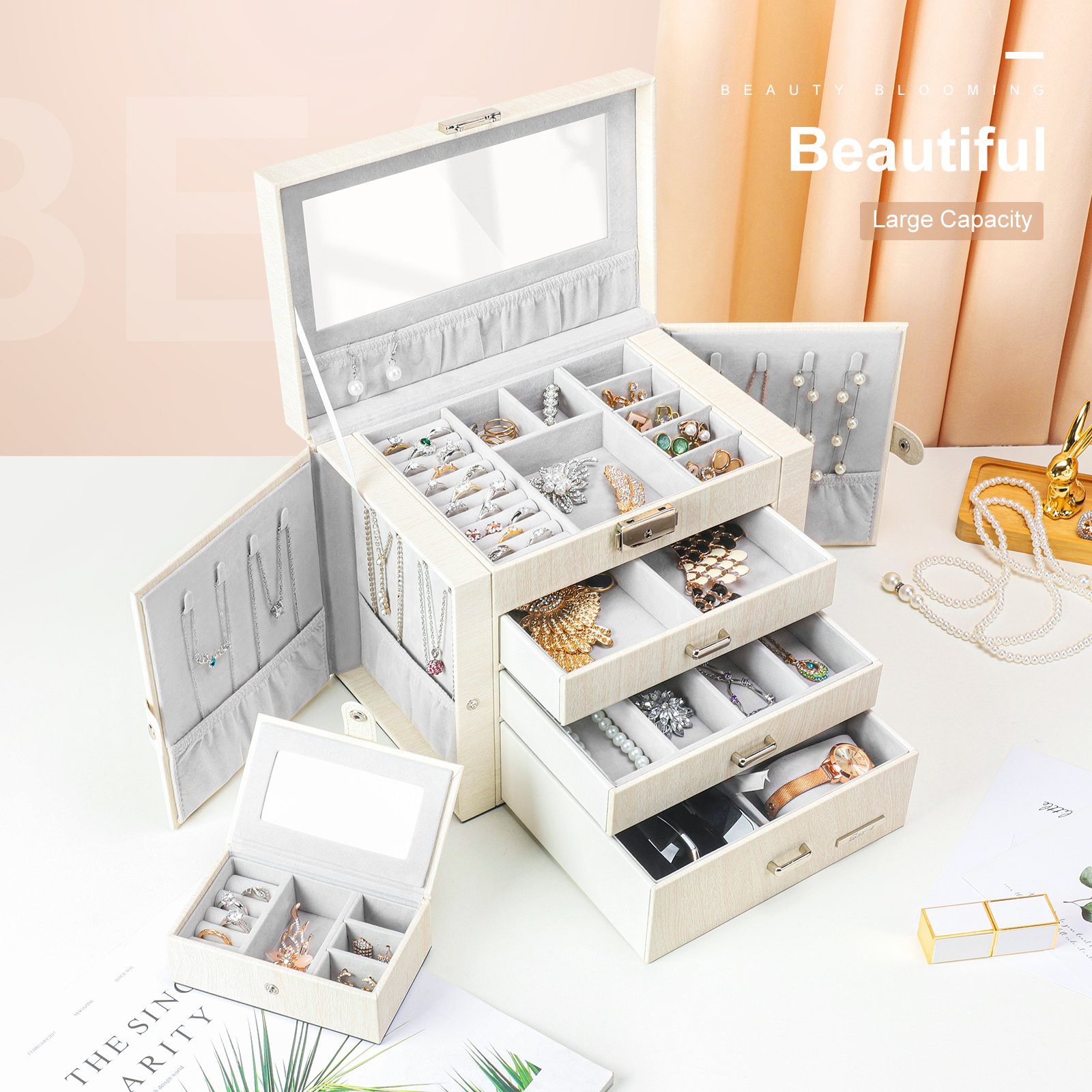 Yorbay Schmuckkasten Schmuckkoffer mit 4 Ebenen/2 Seitenfächern, Cremeweiß günstig online kaufen