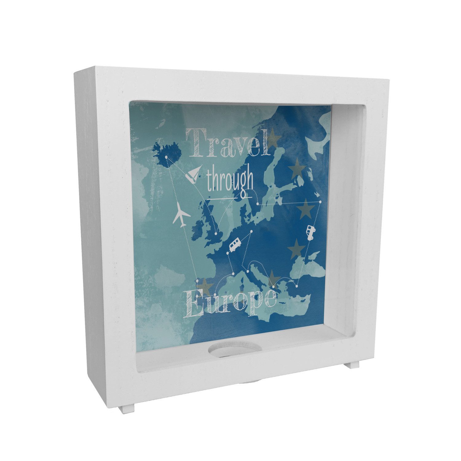 Spardose Rahmen Spardose aus Holz mit Europa Karte und Spruch travel through