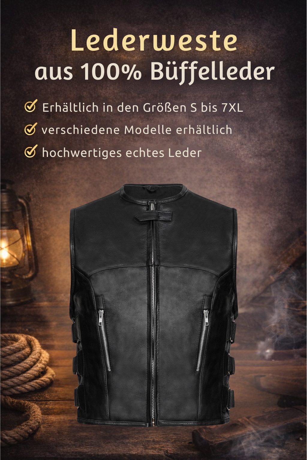 PAULGOS Motorradweste Lederweste Biker Kutte Clubweste Chopper Weste 100% Echtleder - BW10 – Bild 5 von 5