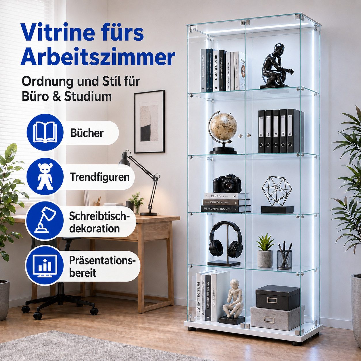 Simurq Glasvitrine Standvitrine mit LED und 2 Glastüren, Vitrinenschrank Glas (4 Ebenen(78,5x35x163 cm), 5 Ebenen(78,5x34,5x186,5 cm), Glasschrank mit 2 Türen,S – Bild 5 von 5
