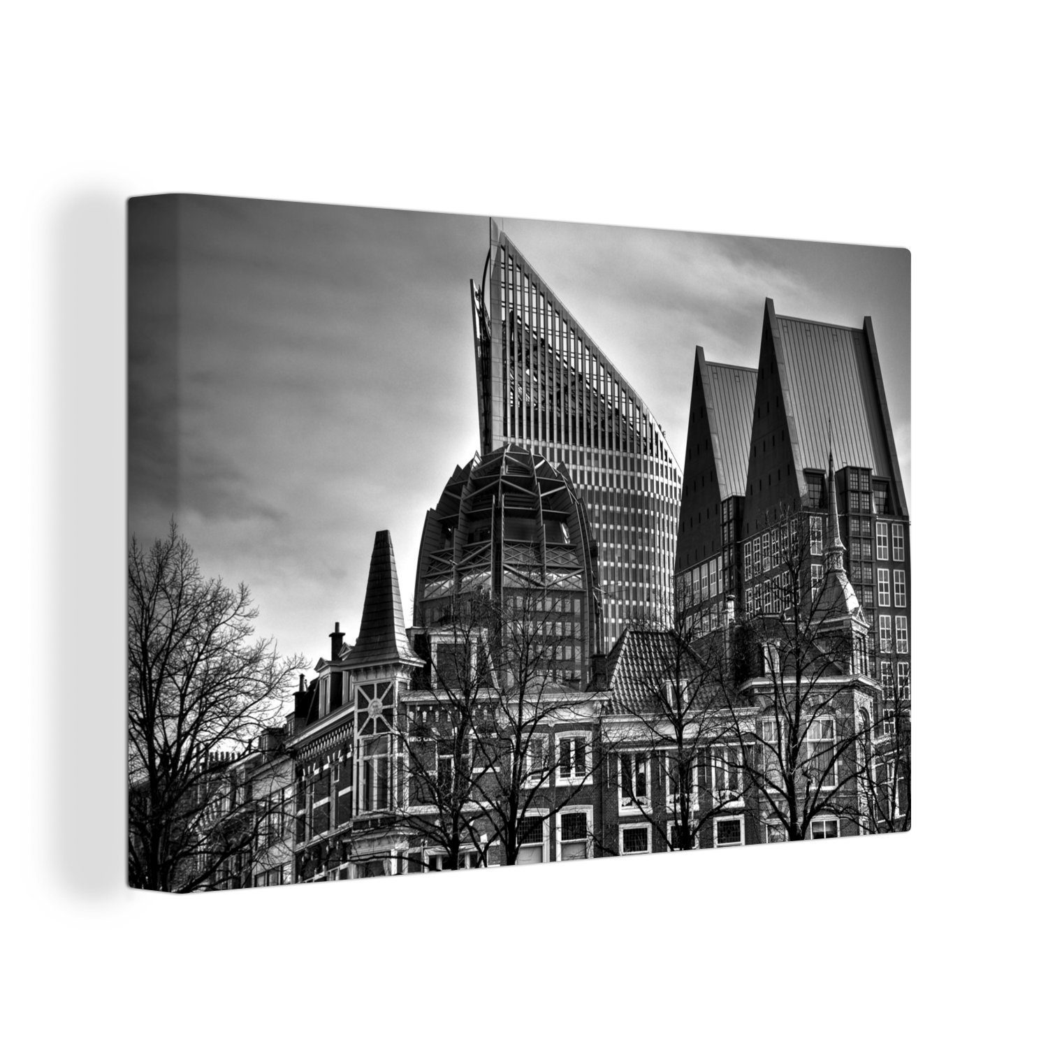 Wanddeko, Zentrum von im Leinwandbilder, cm und, Wandbild Aufhängefertig, und Den OneMillionCanvasses® Regierungsgebäude Wohnhäuser - St), Haag 30x20 Leinwandbild schwarz (1