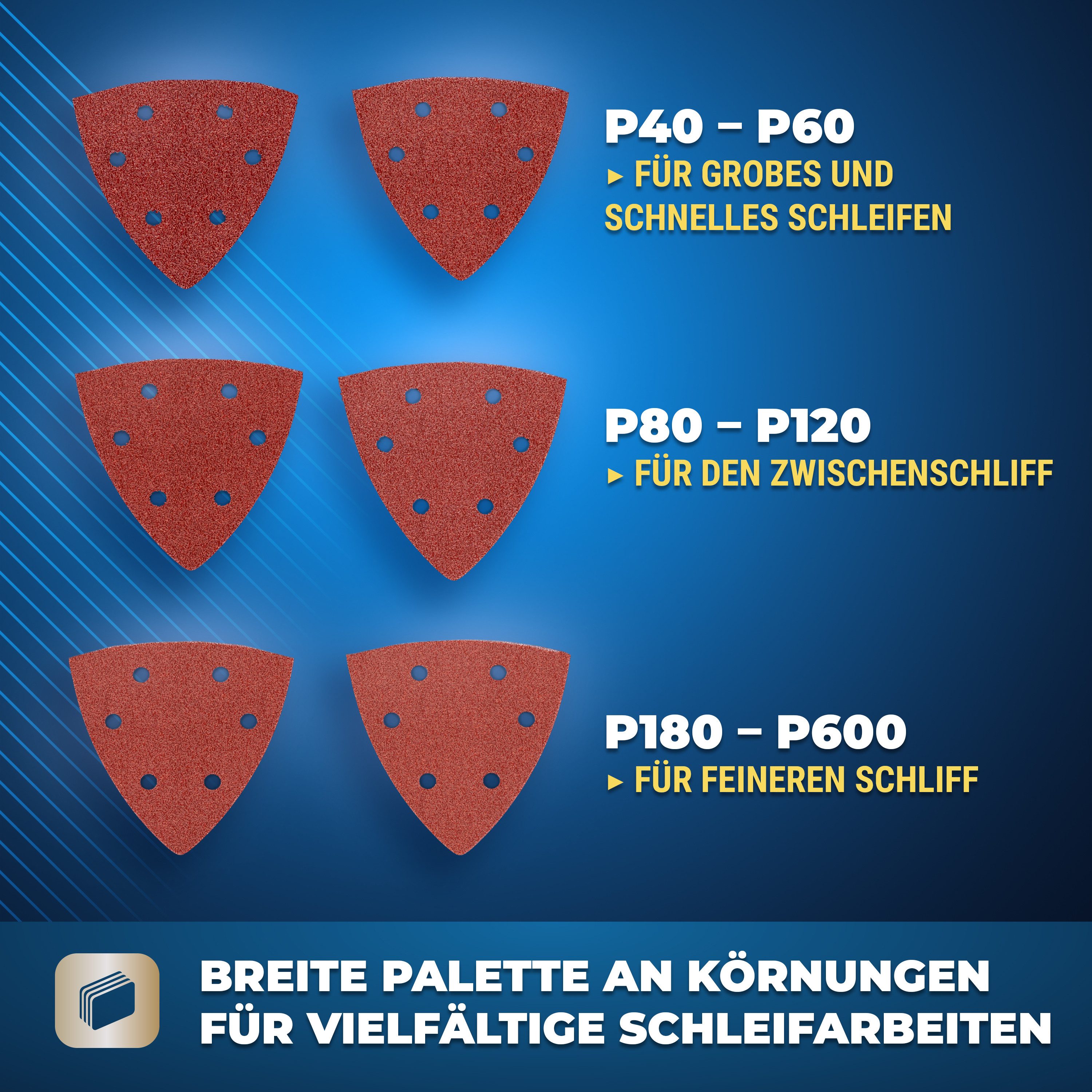 S&R Schleifdreieck Schleifpapier Profi Set 93 mm x 93 mm für professionellen Einsatz, (Set, 60 St., Je 10x P40, P60, P80, P120, P180 und P240), für Metalle, NE-Metalle, Stahl und Legierungen, Holz, Kunststoffe