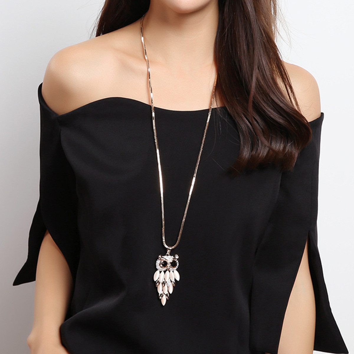 KARMA Lange Kette Lange Halskette Damen Damenkette Eule (Tiere Anhänger, Pullover Kette), 74cm silber schwarz