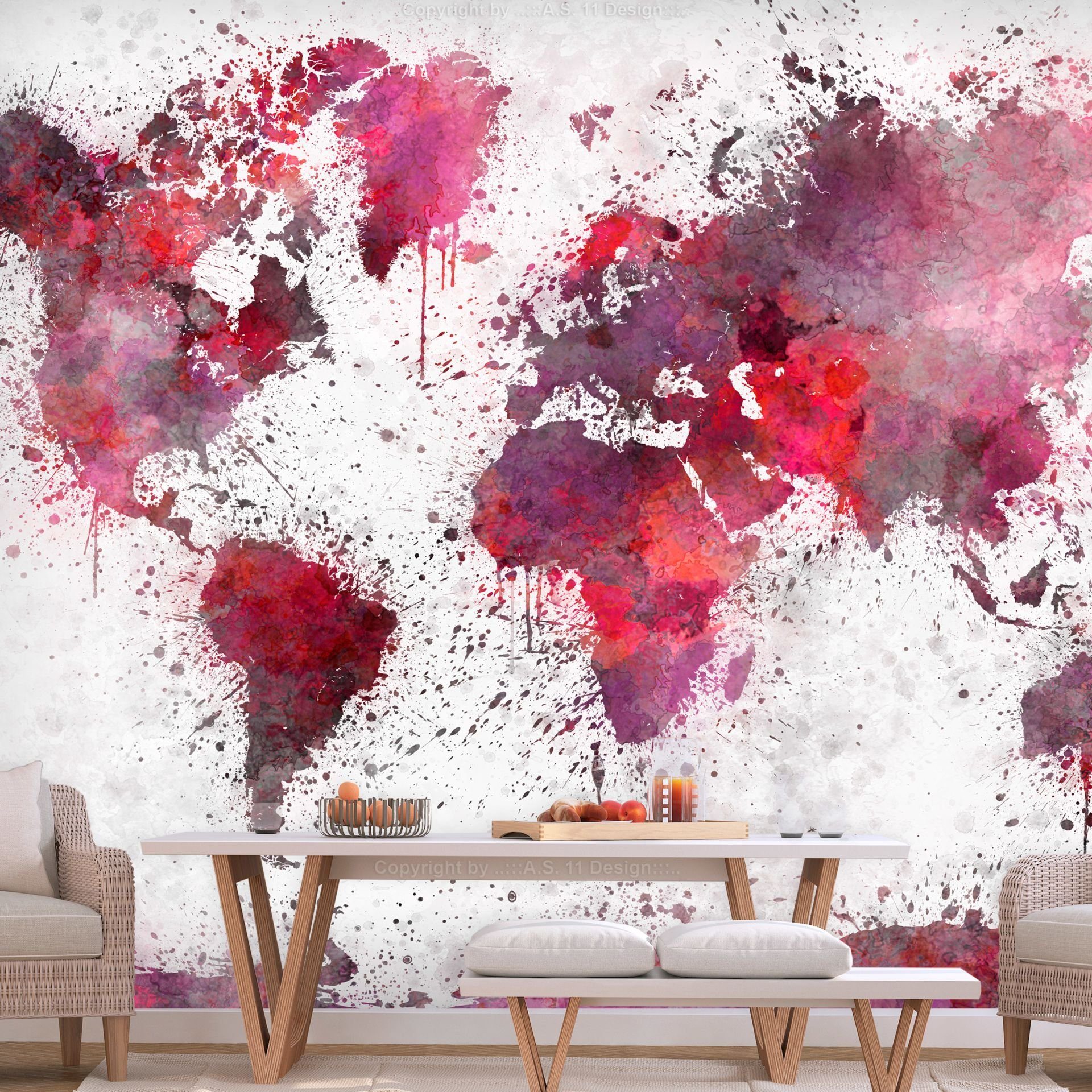 KUNSTLOFT Vliestapete World Map: Red Watercolors 0.98x0.7 m, halb-matt, matt, lichtbeständige Design Tapete
