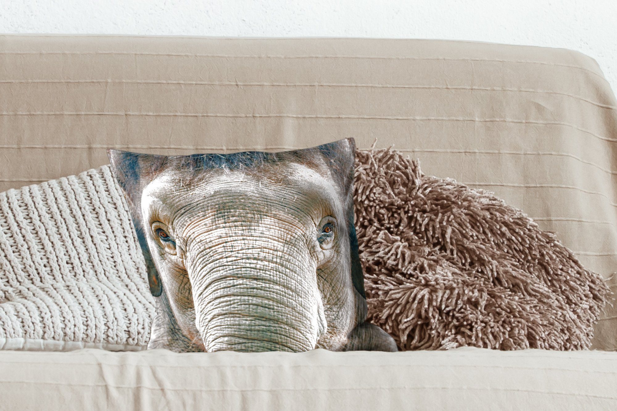 MuchoWow Dekokissen Elefant - Porträt Wohzimmer, Grau, - mit für - Schlafzimmer, Zierkissen Füllung Deko, Sofakissen Tiere