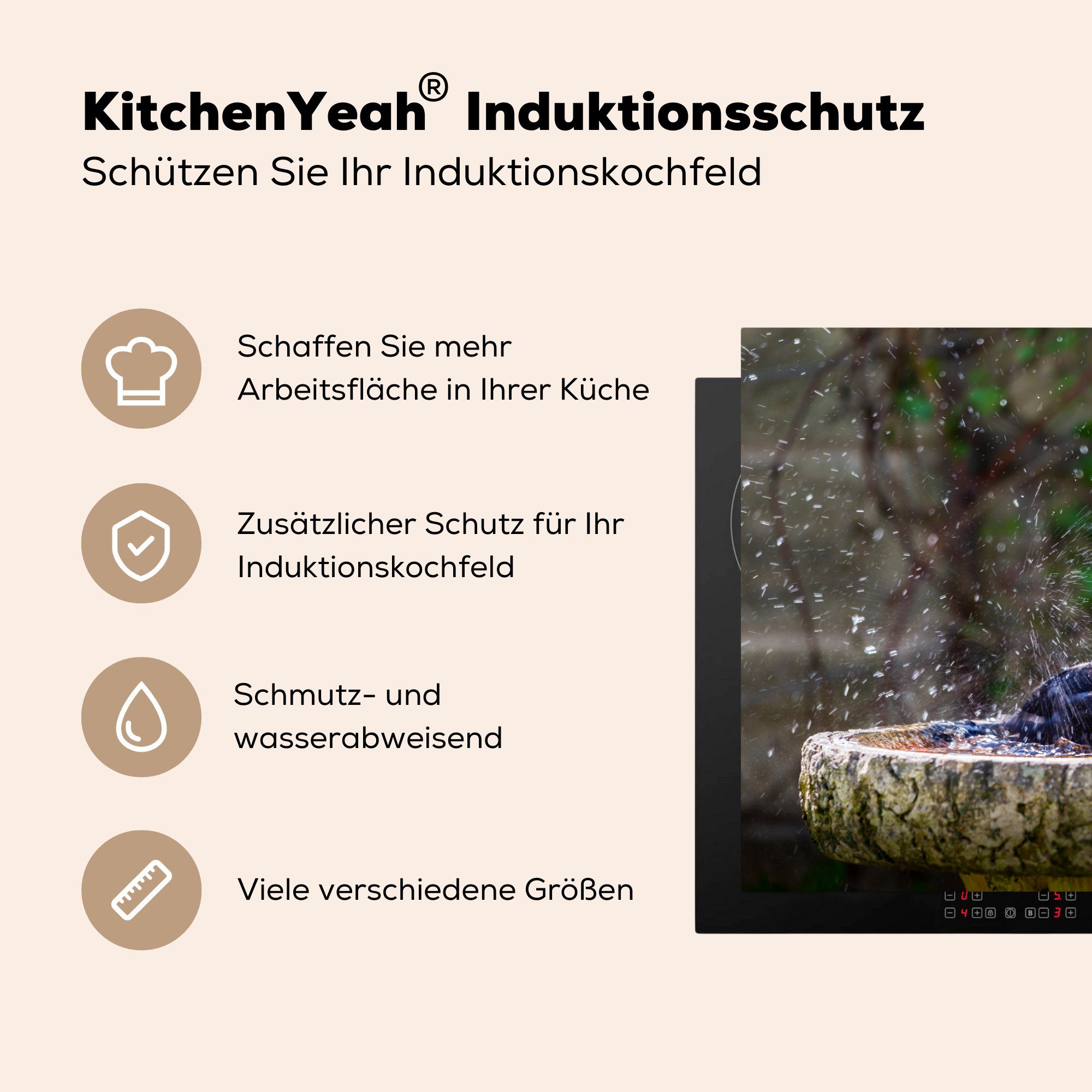 Schutz (1 - Induktionskochfeld küche, - cm, 81x52 tlg), Vinyl, Wasser, Ceranfeldabdeckung die Herdblende-/Abdeckplatte MuchoWow für Spatz Vogeltränke