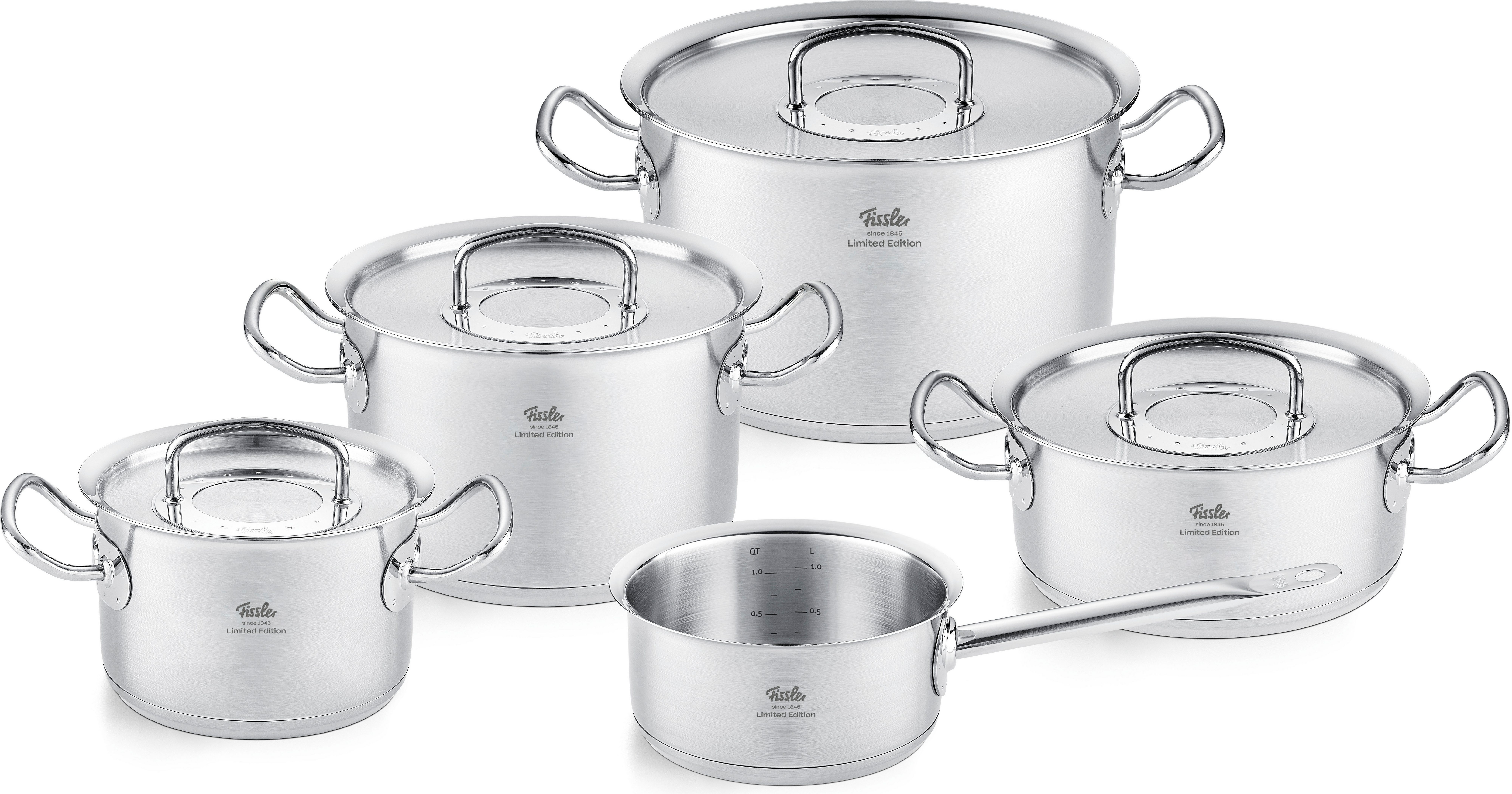 Fissler Topf-Set Original-Profi Collection® Retro, Edelstahl 18/10 (Set, 9-tlg., 3 Kochtöpfe,1 Bratentopf, 1 Stielkasserolle, 4 Metalldeckel), Limited Edition, Made in Germany