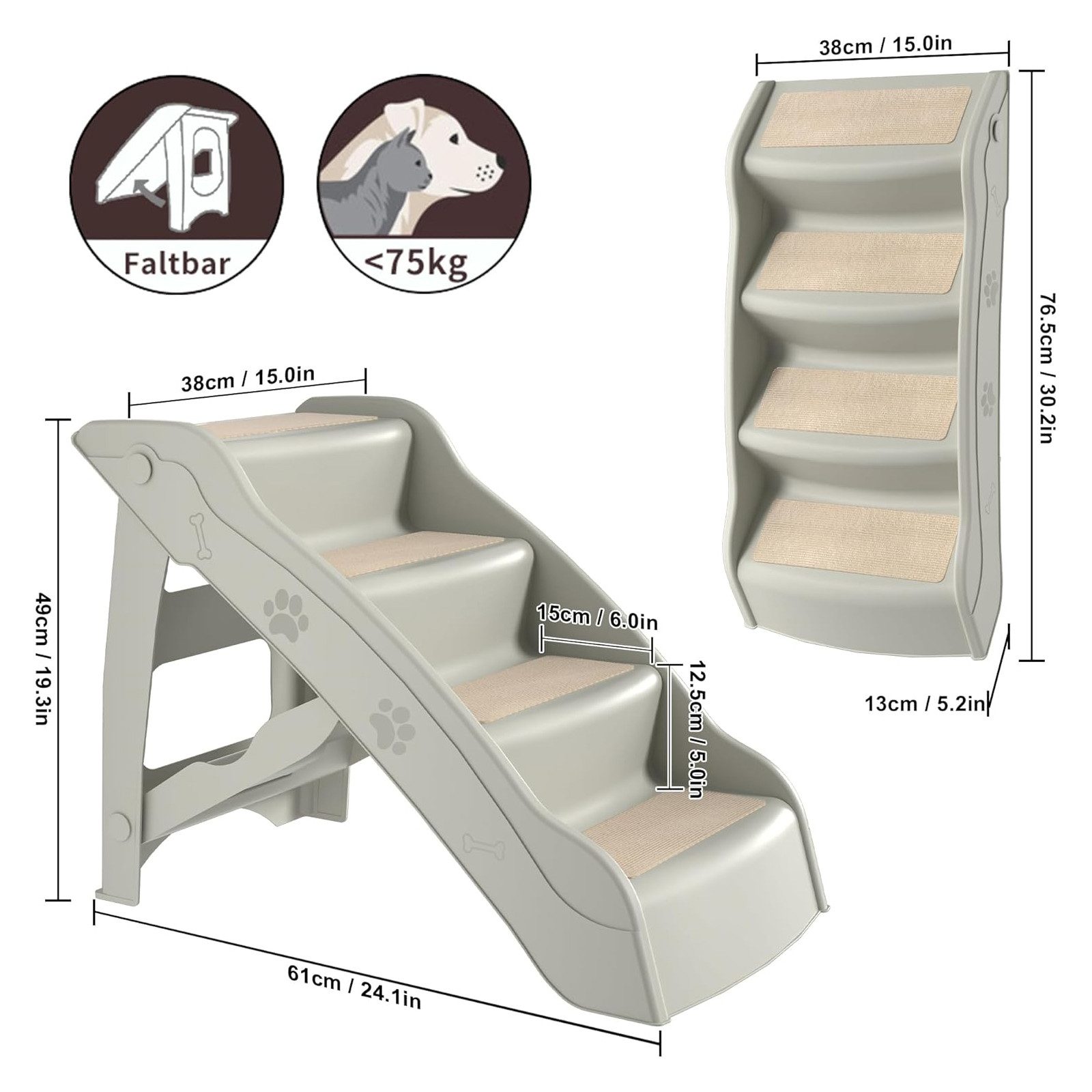 FIVMEN Haustiertreppe Hundetreppe 4 Stufen Faltbare Haustiertreppe mit Rutschfester Matte