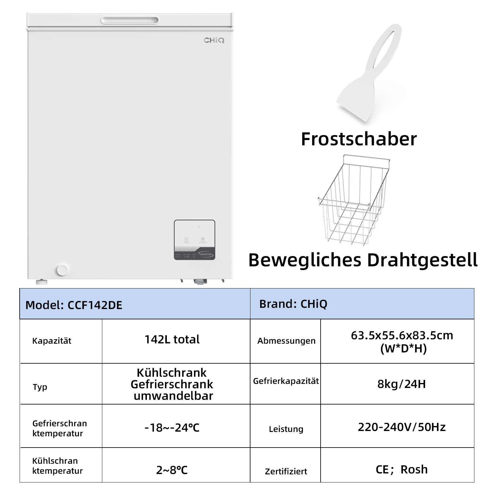 CHiQ Gefriertruhe FCF142DE, 64 cm breit, 142 l, Inverter-Gefrierschrank, Außentemperaturanzeige, -32 ℃