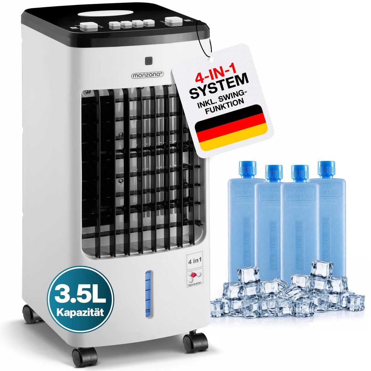 monzana Turmventilator, Luftkühler 4in1 mobil 60W 330m³/h Oszillation 3,5L inkl. 4 Kühlakkus