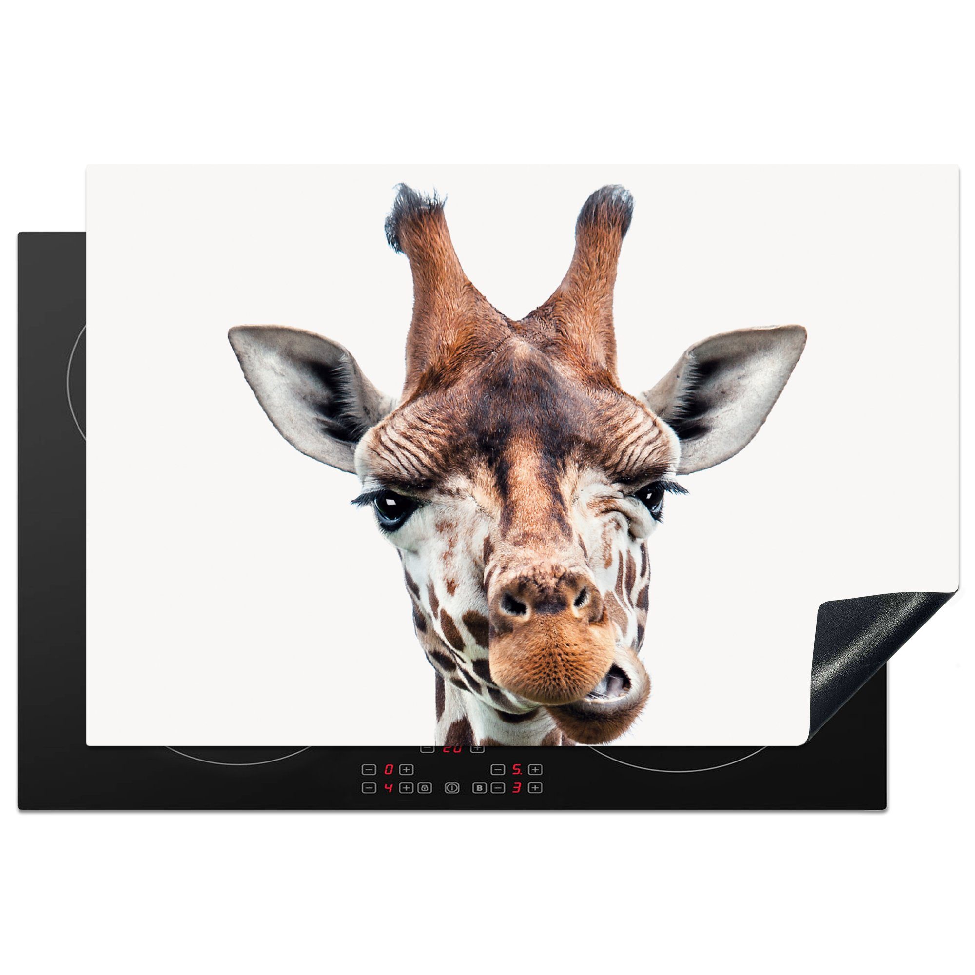 MuchoWow Herdblende-/Abdeckplatte Jungen - Giraffe - Tiere - Kopf - Porträt - Kind - Mädchen, Vinyl, (1 tlg), 77x51 cm, Ceranfeldabdeckung, Arbeitsplatte für küche