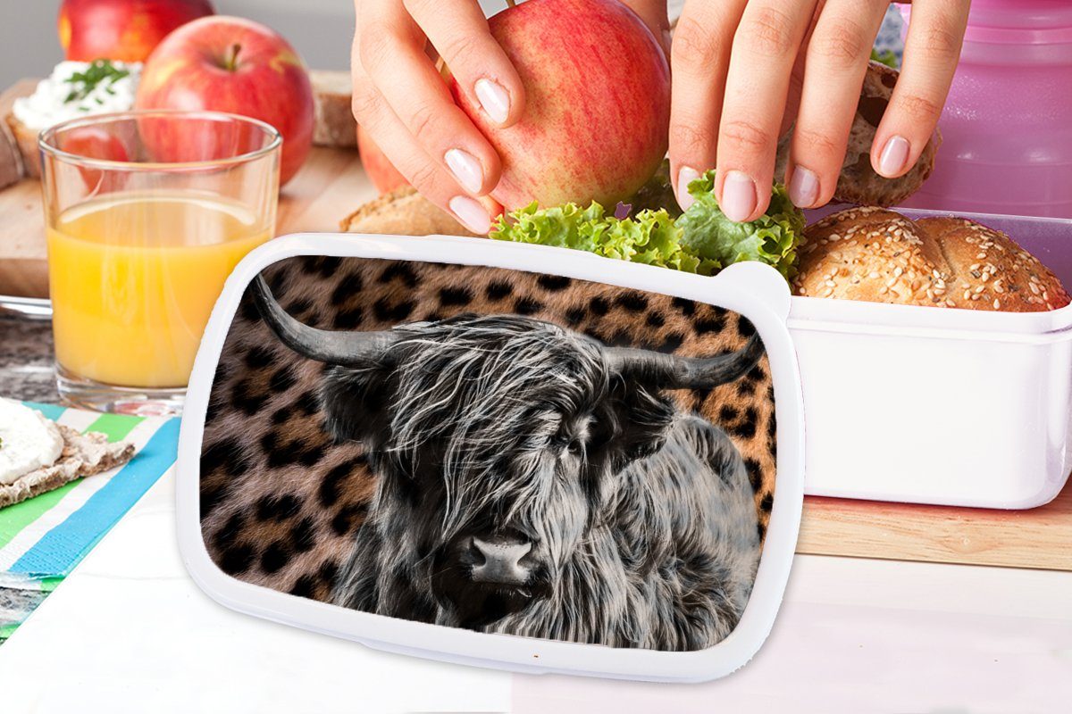 MuchoWow Lunchbox Schottischer für Jungs für - Brotdose, Erwachsene, Highlander Kunststoff, Mädchen Tiere, (2-tlg), Brotbox - und weiß und Pantherdruck Kinder
