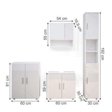 Vicco Badmöbel-Set Irma, Weiß Hochglanz, 4 Teile, mit Hochschrank und Kommode, (4-er Set, 4-St., 4-er Set)