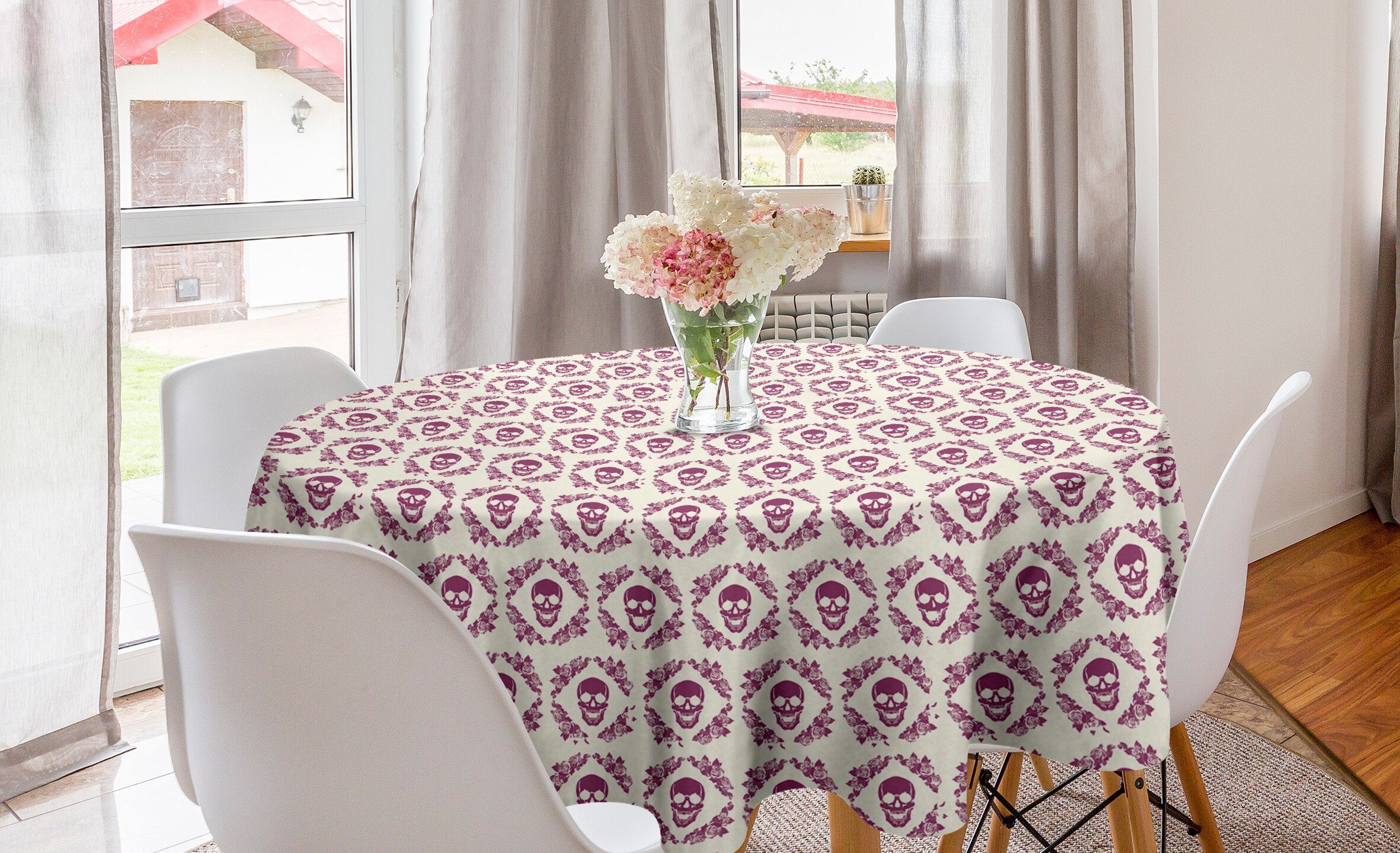 Abakuhaus Tischdecke Kreis Tischdecke Abdeckung für Esszimmer Küche Dekoration, Zuckerschädel Maroon Motiv Blumen