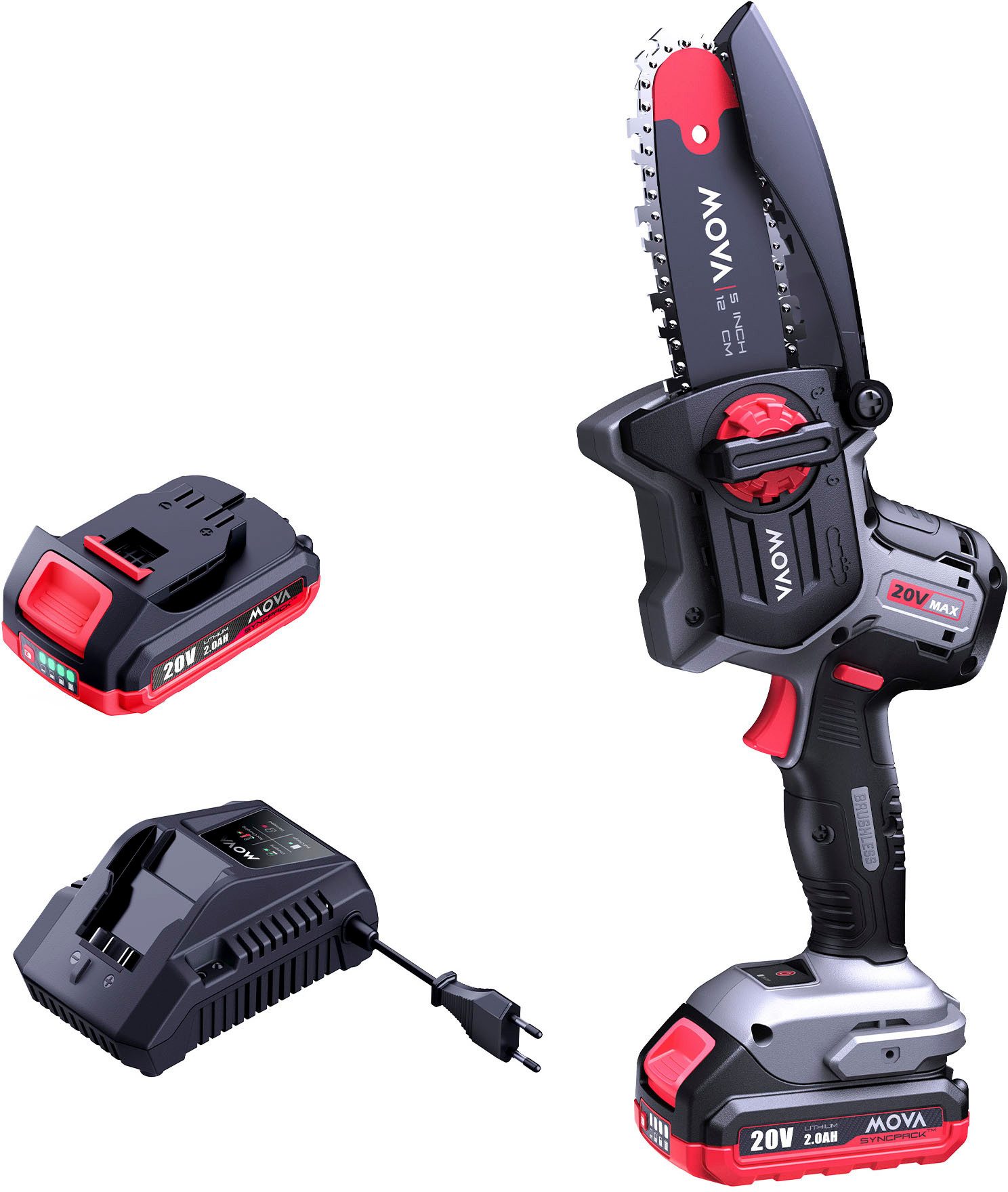 Mova Akku-Kettensäge Akku-Astkettensäge, Brushless GC205, 12 cm Schwertlänge, Inkl. 2 Ah Akku und Ladegerät