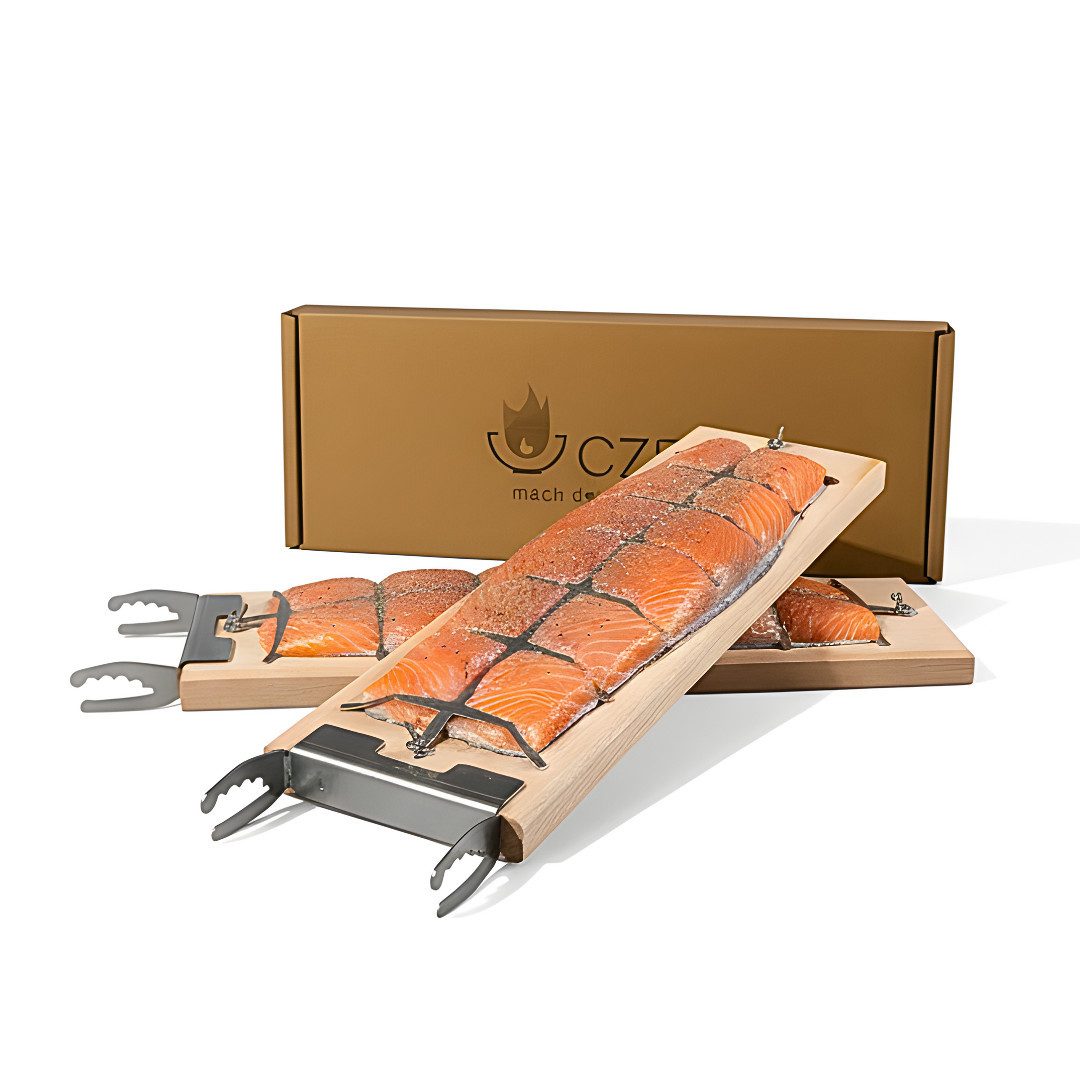Czaja Räucherbrett Flammlachsbrett 2er Set aus Buchenholz mit Halterungen aus Edelstahl, Buchenholz und Edelstahl