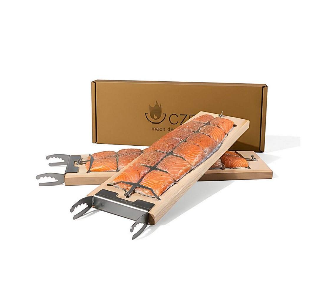 Czaja Räucherbrett Flammlachsbrett 2er Set aus Buchenholz mit Halterungen aus Edelstahl, Buchenholz und Edelstahl