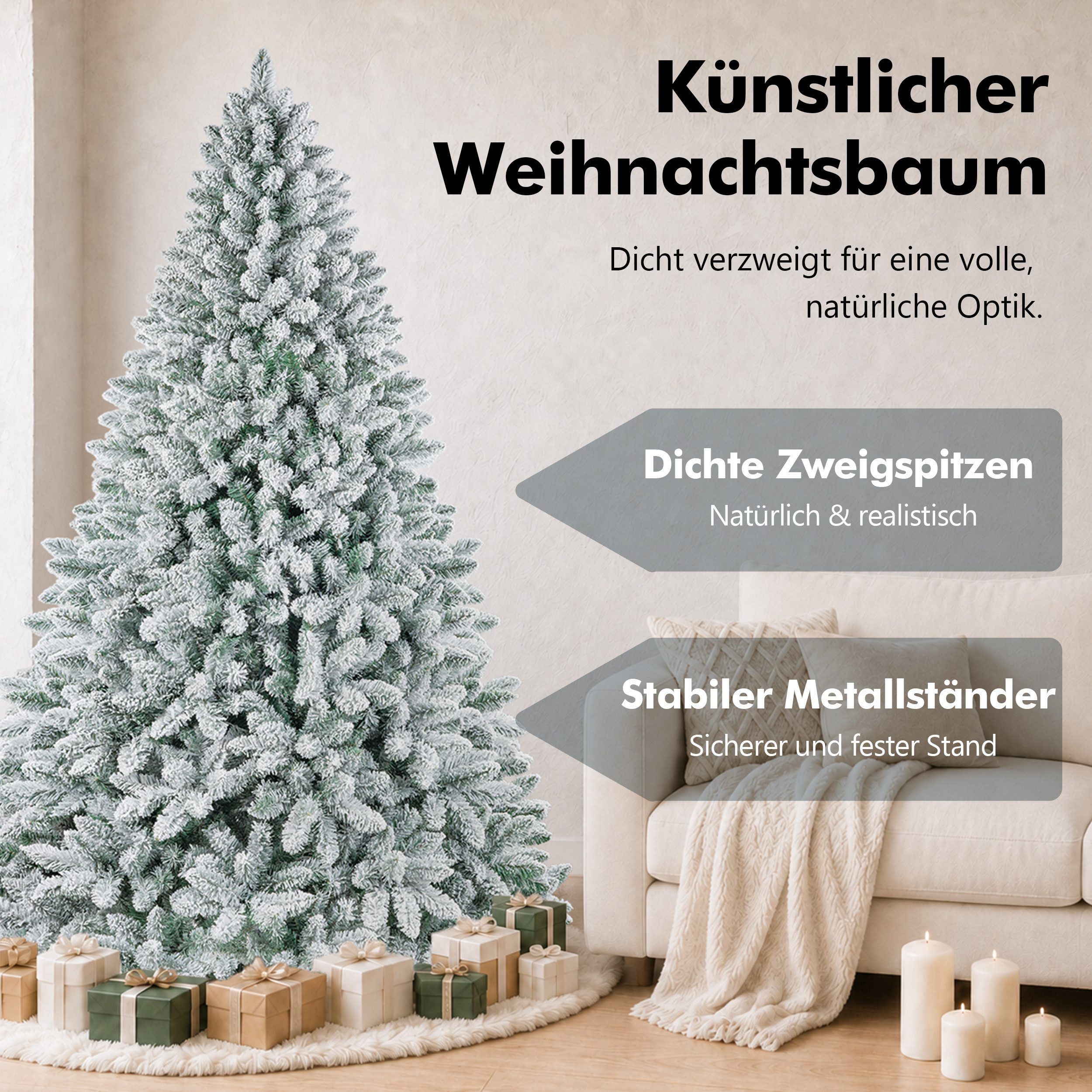WHEELYOU Künstlicher Weihnachtsbaum 210 cm Dicht beflockte Schneetanne, PVC, Lichterkette, 8 Modi, Dicht beflockte PVC-Schneetanne, volle Zweige, markanter Wint – Bild 4 von 5