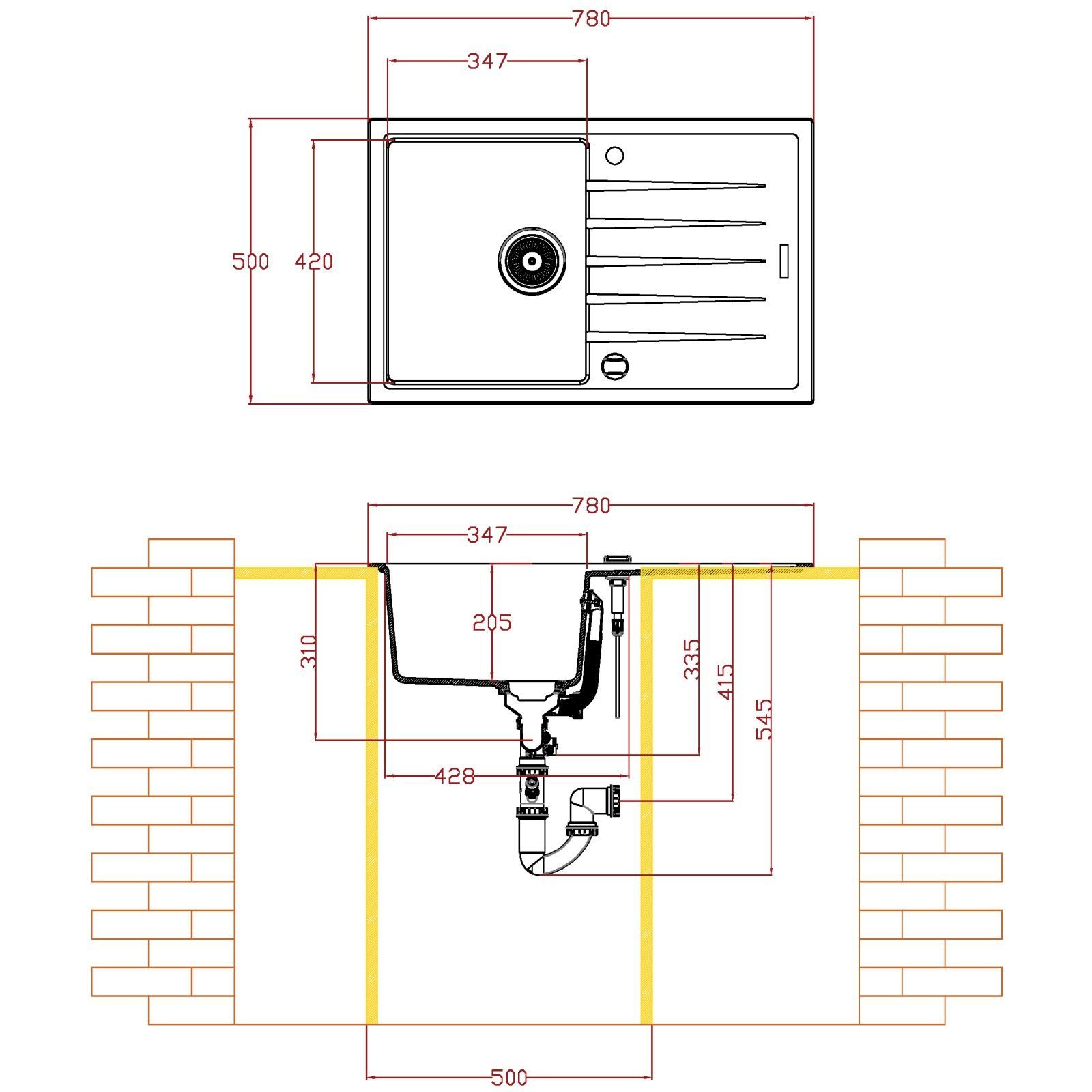 mm) Atlanta Einbauspüle mit Küchenspüle ab Einzelbecken (für Schrankbreiten betongrau, Abtropffläche aus Einzelbecken, D-100S 500 Quarz-Komposit SO-TECH®
