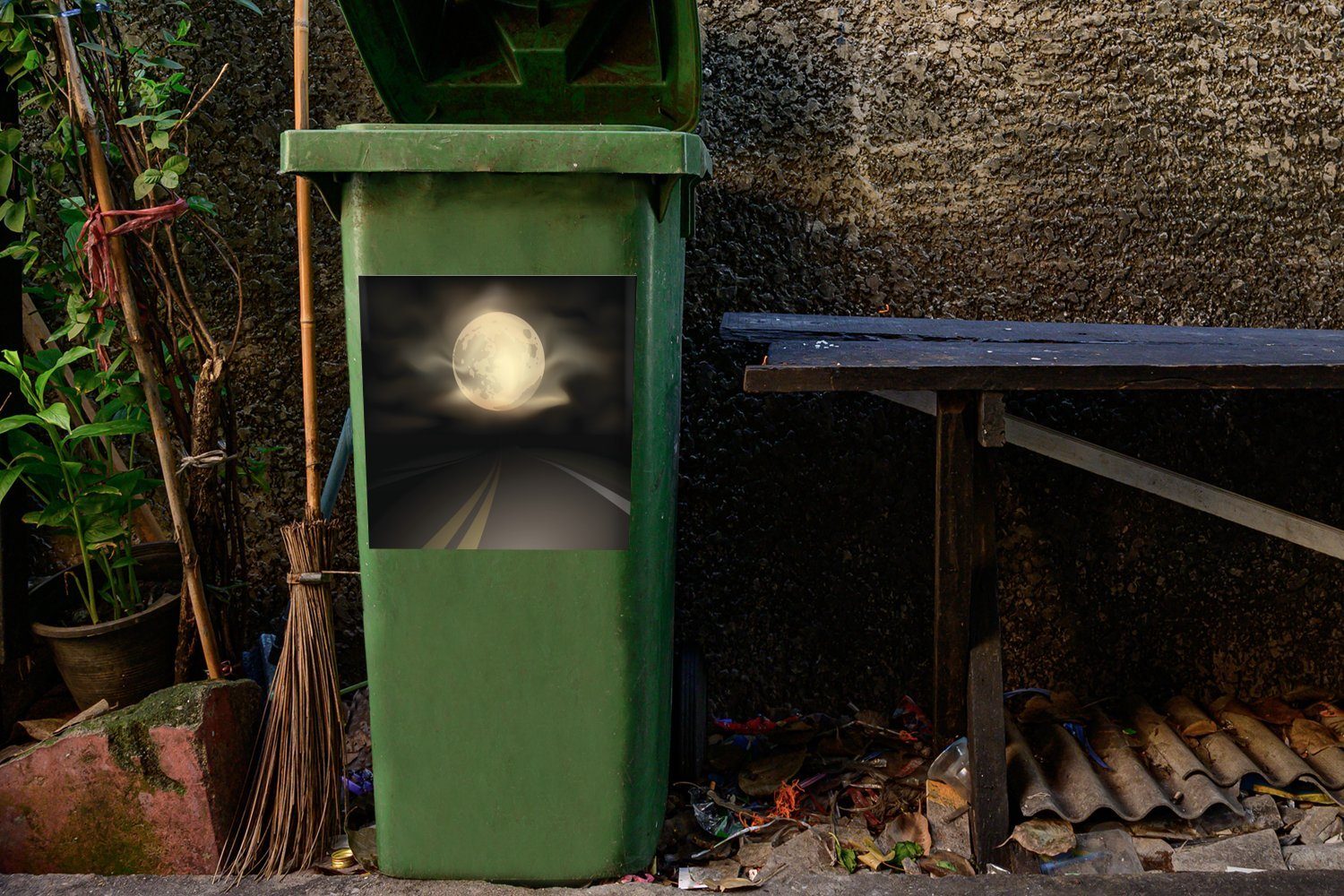 St), dem Abfalbehälter Eine einer Illustration nächtlichen Autobahn Mond unter (1 Wandsticker Sticker, MuchoWow Mülleimer-aufkleber, Mülltonne, Container,