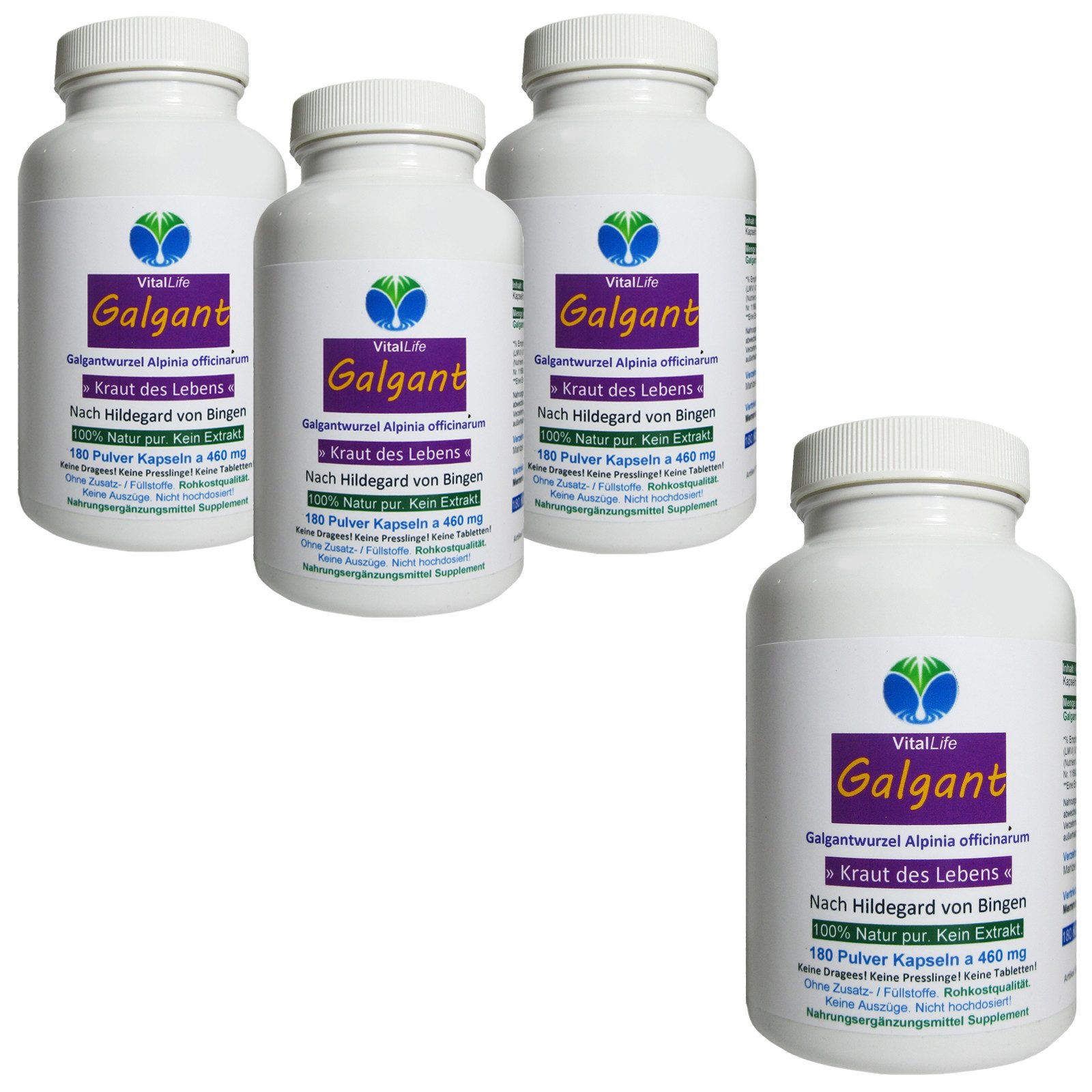 VitalLife Galgant Galgantwurzel Bitterstoffe nach Hildegard von Bingen Kapseln, 4 er Dose à 180 St., 331,2 g, Art. 26875-720