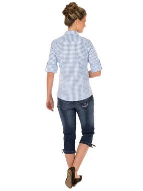 OS-Trachten Trachtenbluse Trachtenbluse CHECKERED Langarm Stick hellblau