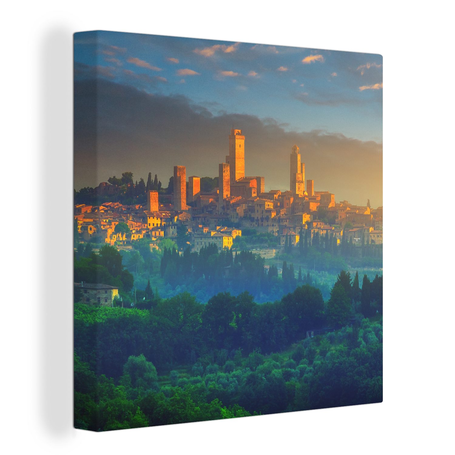 für Wohnzimmer St), OneMillionCanvasses® Gimignano der in Leinwand San Bilder über (1 Sonnenaufgang Leinwandbild Italien, Schlafzimmer Toskana,