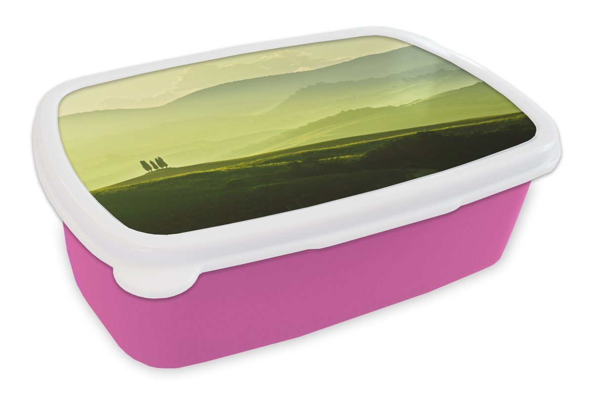 Mädchen, (2-tlg), MuchoWow Kunststoff Hügel für Kunststoff, Snackbox, Grün, Kinder, Erwachsene, rosa - Brotbox Lunchbox Toskana - Brotdose