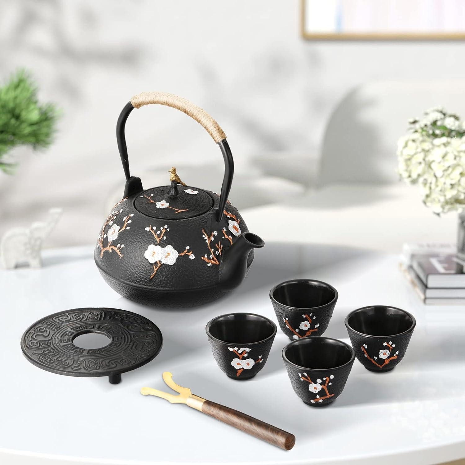 Dyna-Living Teeservice Teekanne Gusseisen Set 1,2 Liter 4 Teebecher Schwarz
