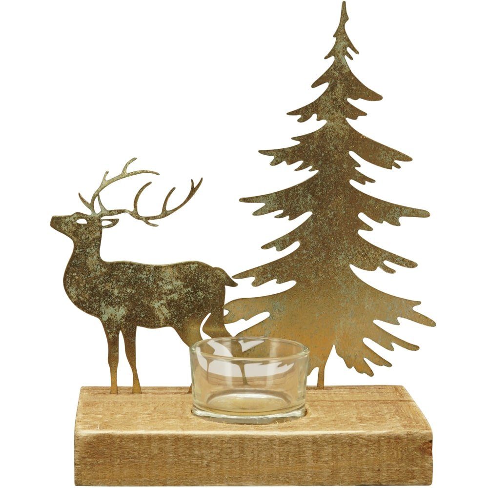 matches21 HOME & HOBBY Kerzenständer Kerzenhalter Teelichthalter Hirsch Baum Aufsteller gold 20,5 cm