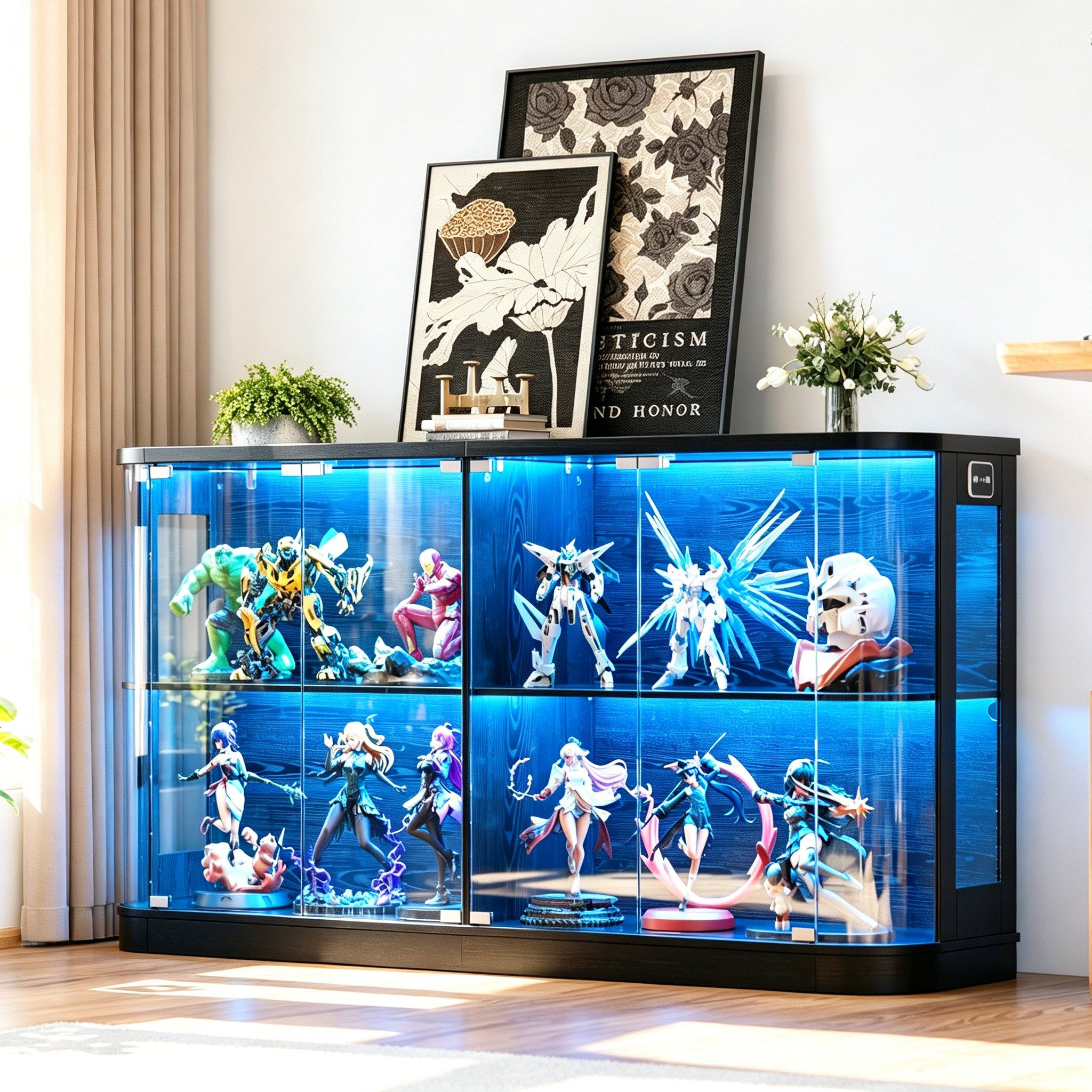 TWSOUL Glasvitrine Moderne Standvitrine mit LED-Beleuchtung und abgerundeten Seiten 160*85cm elegante Sideboard Bewegungssensor für Wohnzimmer,Sammlungen