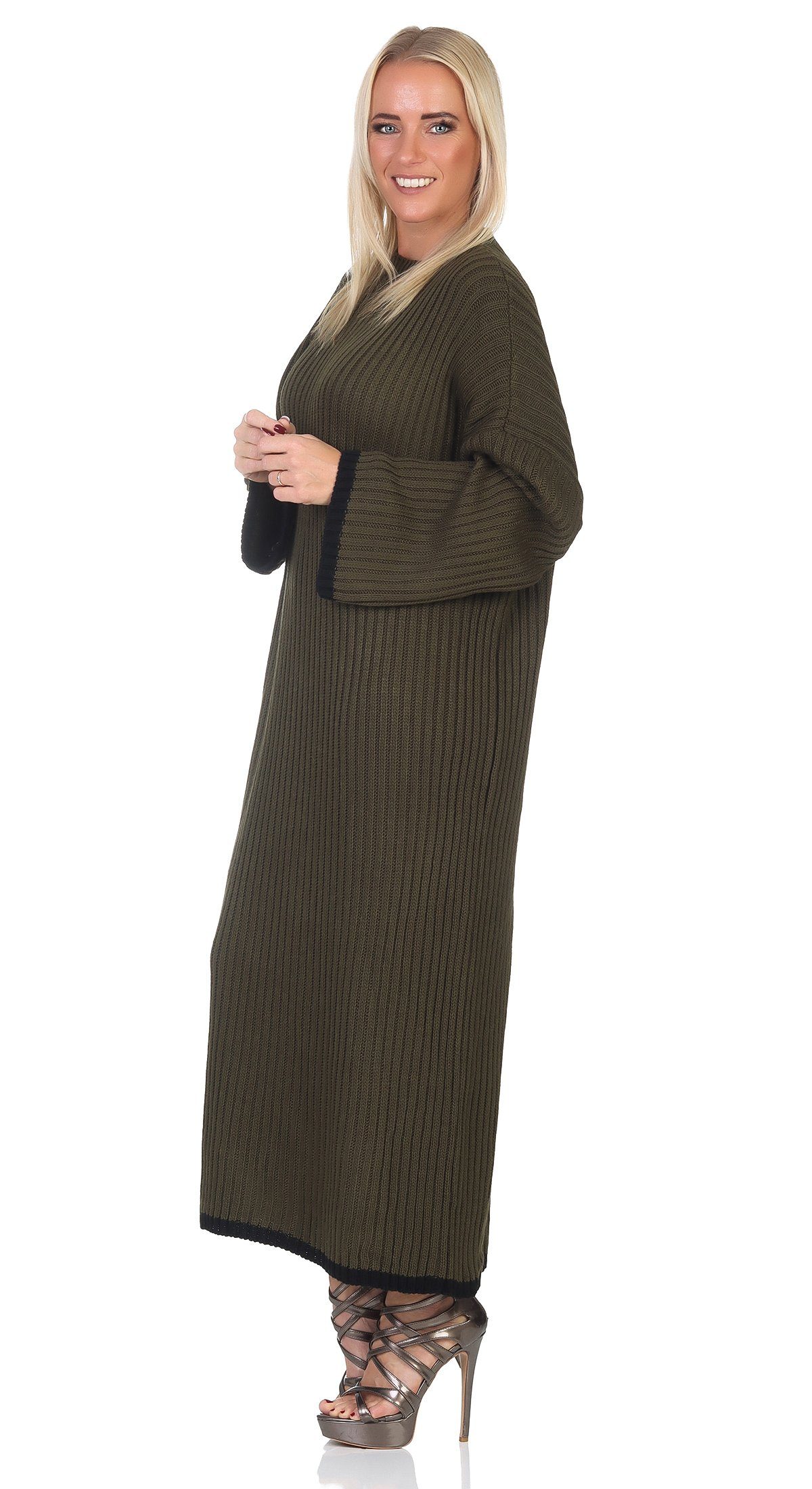 Mississhop Strickkleid Strickkleid Oliv gestrickt Kleid M.383 (1-tlg) lang