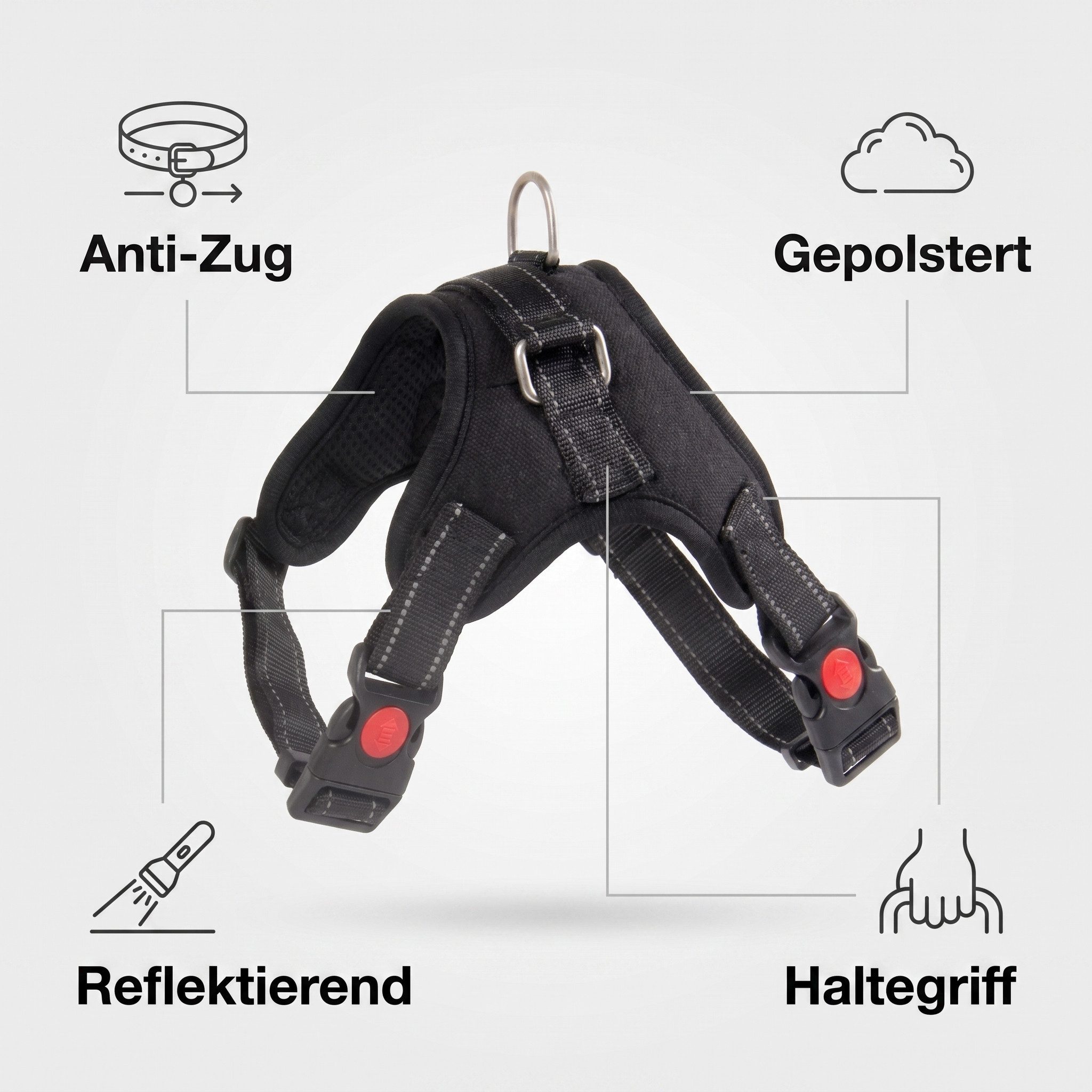 H-basics Hunde-Powergeschirr XL mit Griff, Anti-Zug, gepolstert, reflektierend, Polyester, verstellbar Hals 61-74 / Brust 70-95 cm