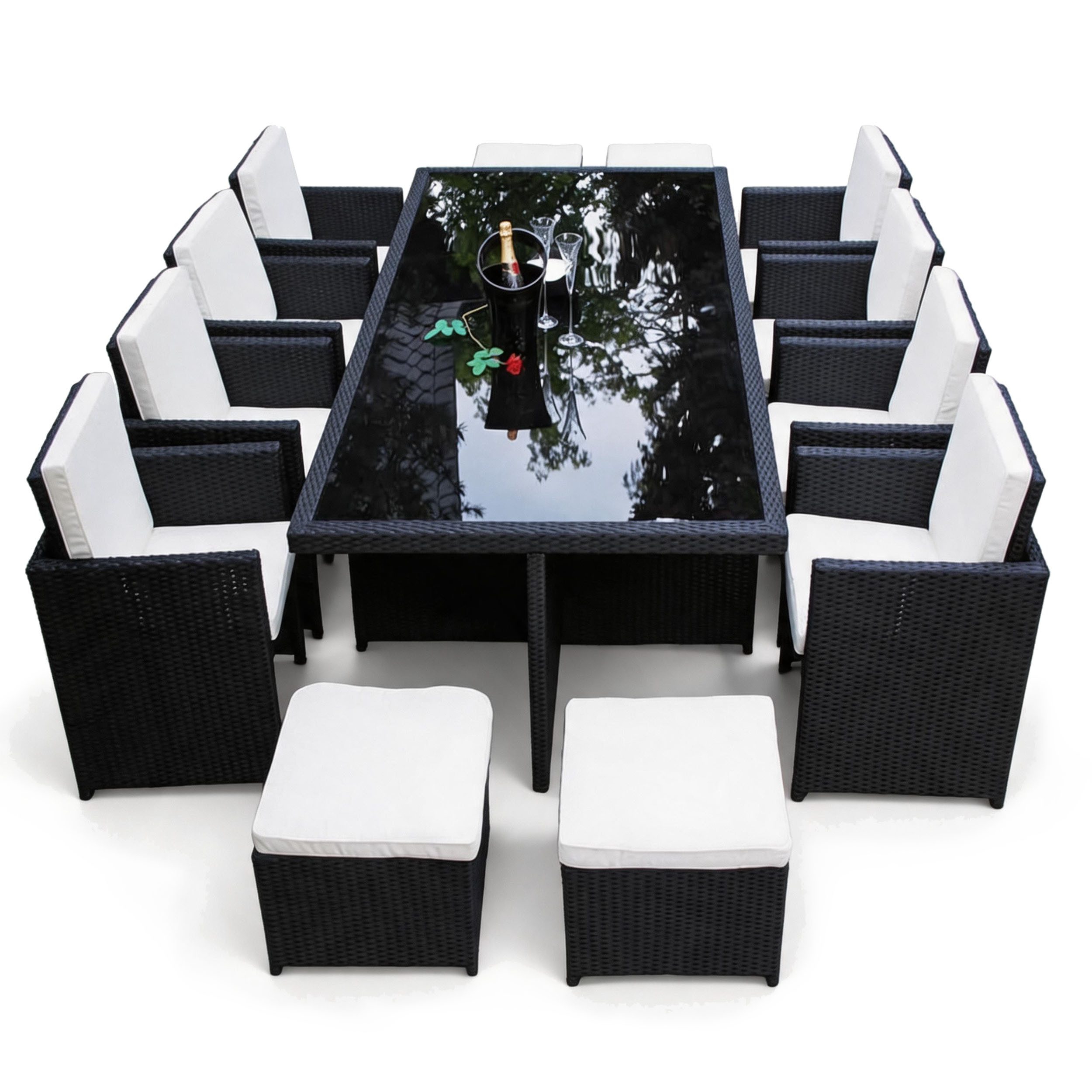 Ragnarök Möbel-Design Garten-Essgruppe Premium Gartenmöbel Heimdall 8+4 Aluminium Olefin 10 Jahre Garantie, (Set, 13-teilig: 8 Hochlehner, 4 Hocker, 1 XXL-Tisch inkl. Polster), XXL-Esstisch, Klapp-Hochlehner, breite Armlehnen, Alugestelle