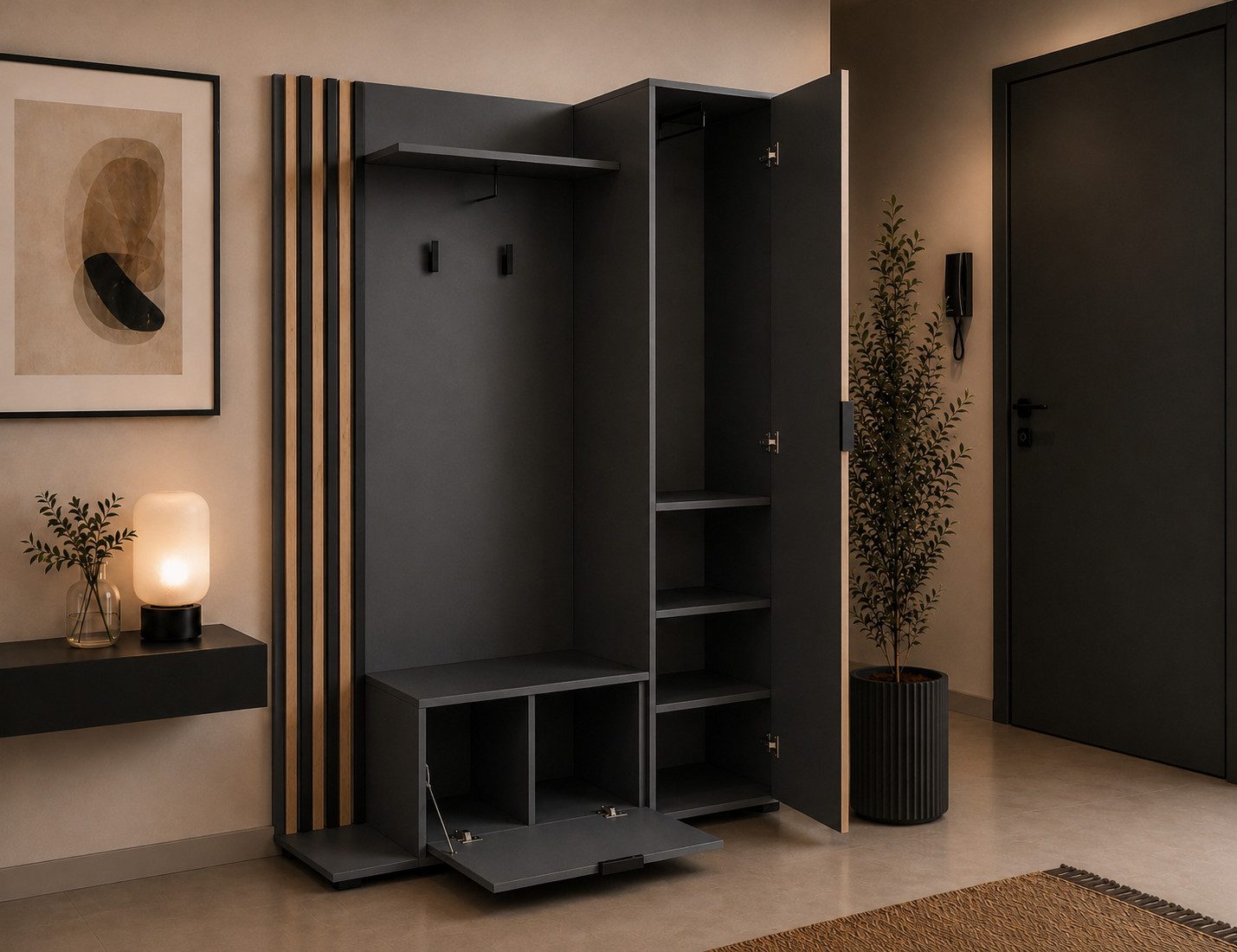MOEBLO Kompaktgarderobe JOHN (Dielenschrank Wandschrank Regal Diele & Flur Kleiderschrank Schuhschrank, mit Spiegel Flurgarderobe Schrank Kompaktgarderobe), (BxHxT): 135x197x34cm