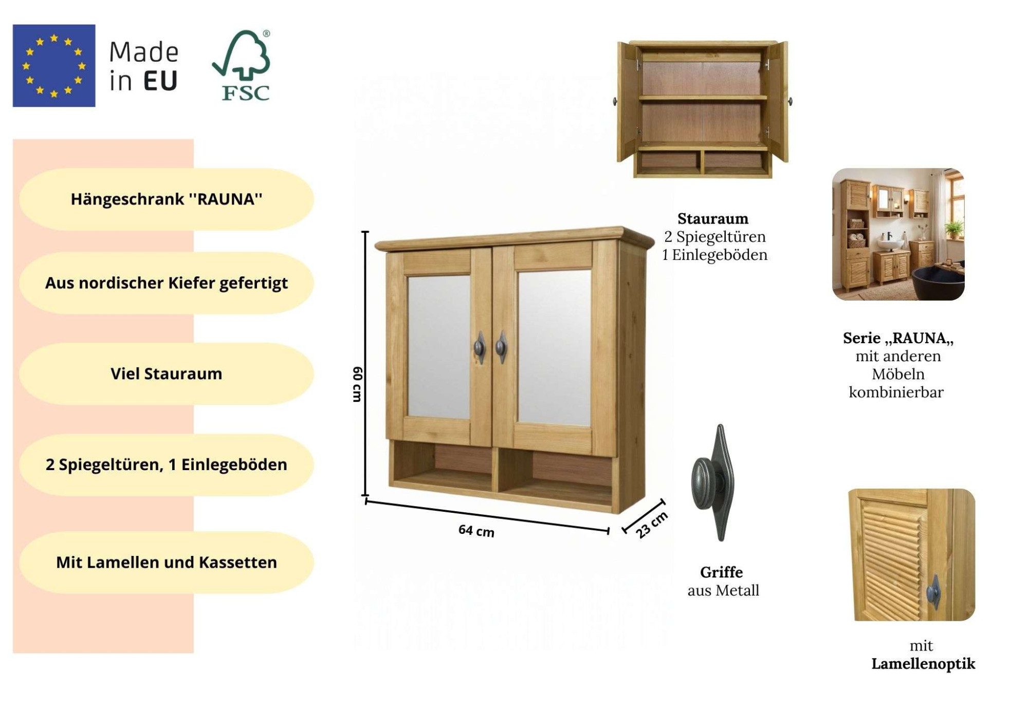 OTTO home Badezimmerspiegelschrank Rauna aus massiver Kiefer, Breite 64 cm, mit Spiegel, made in EU