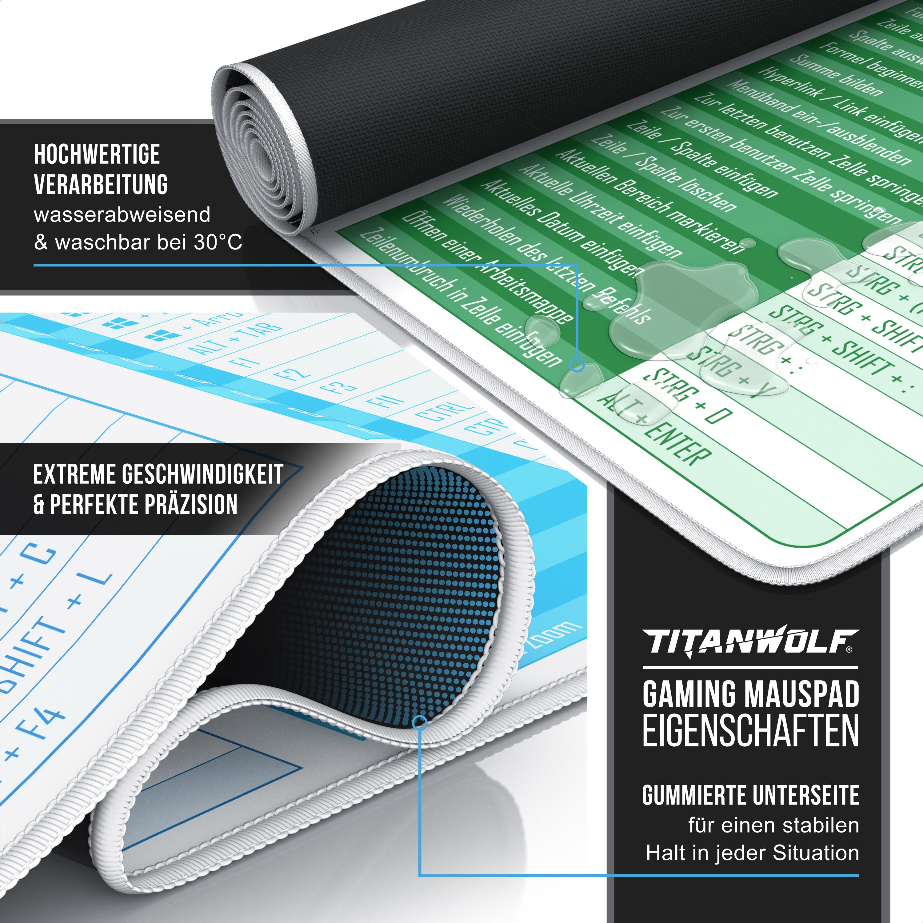 Titanwolf Gaming Mauspad XXL Speed Mousepad 900 x 400 x 3 mm, Schreibtischauflage, abwaschbar (1-St), rutschfeste Rückseite, Geschwindigkeit & Präzision, MS Key – Bild 3 von 5