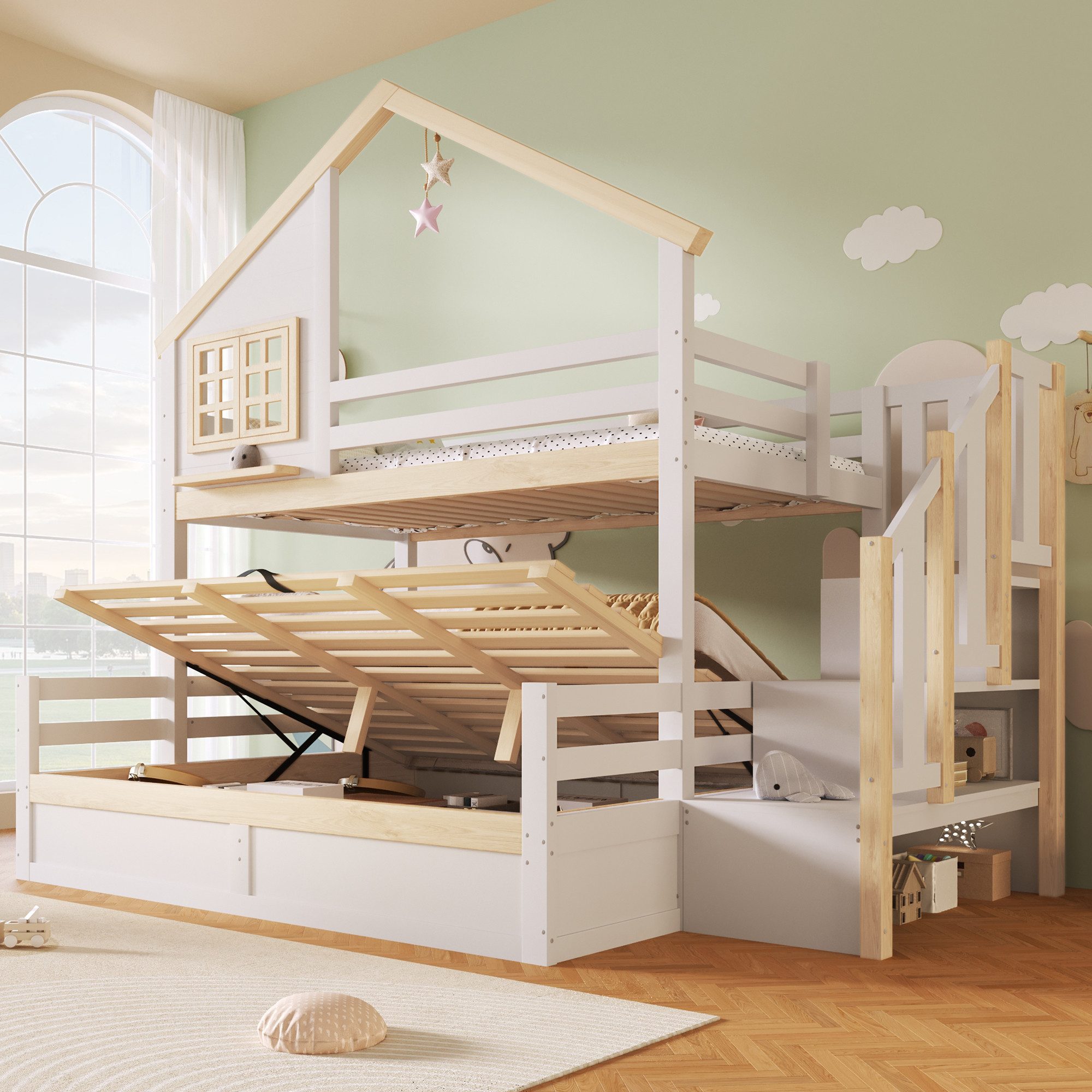 Merax Etagenbett 90x200 & 140x200 cm mit Hausdesign (1-St., Jugendbett Doppelbett Stockbett Spielbett mit Fensteroptik), Kiefernholz Kinderbett mit hydraulischem Stauraum, Treppe & Geländer