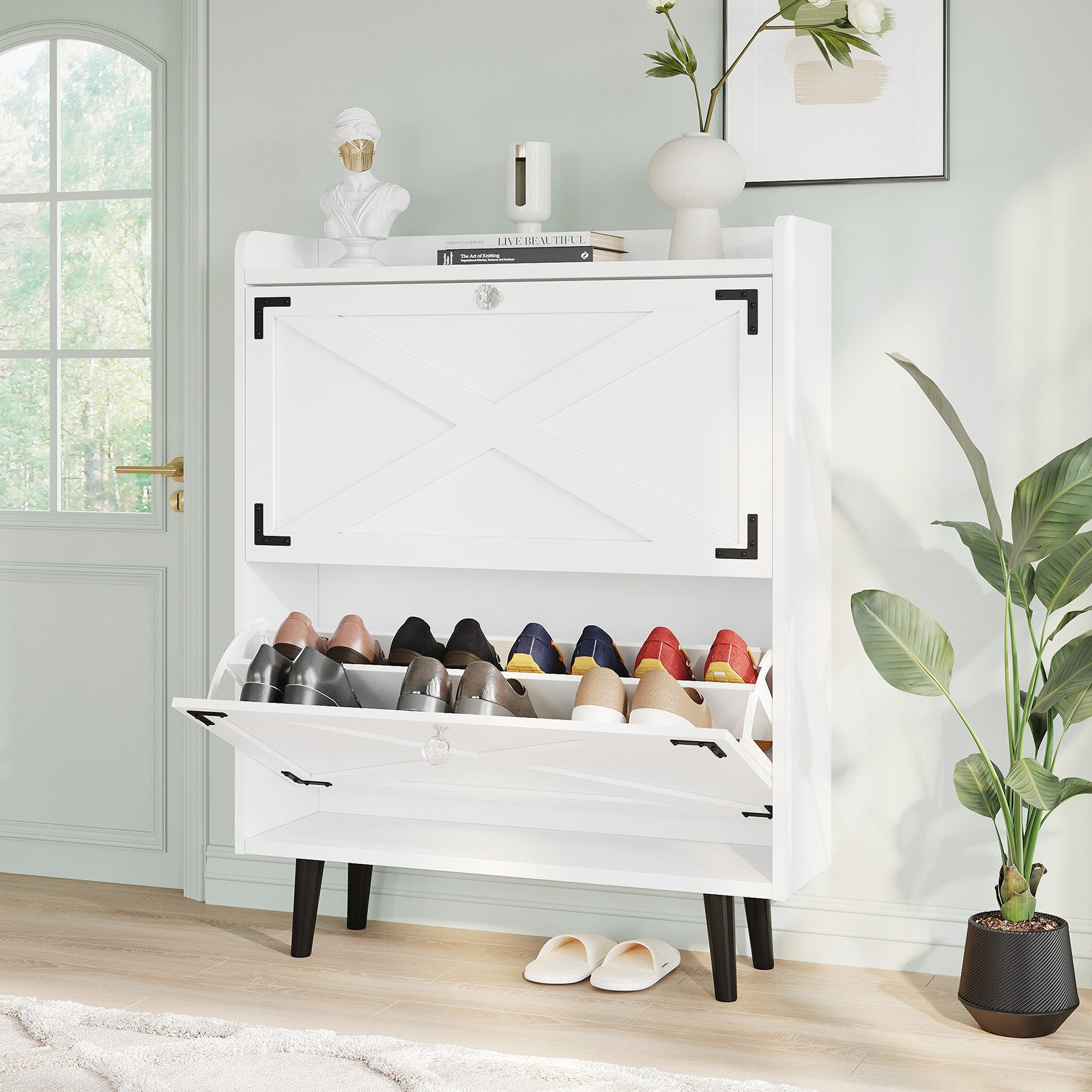 VOWNER Schuhschrank schmal mit 2 Klappen, einstellbar & entfernbar, mit Holzbeinen, für Eingang/Halle, weiß, 80 x 24 x 102 cm