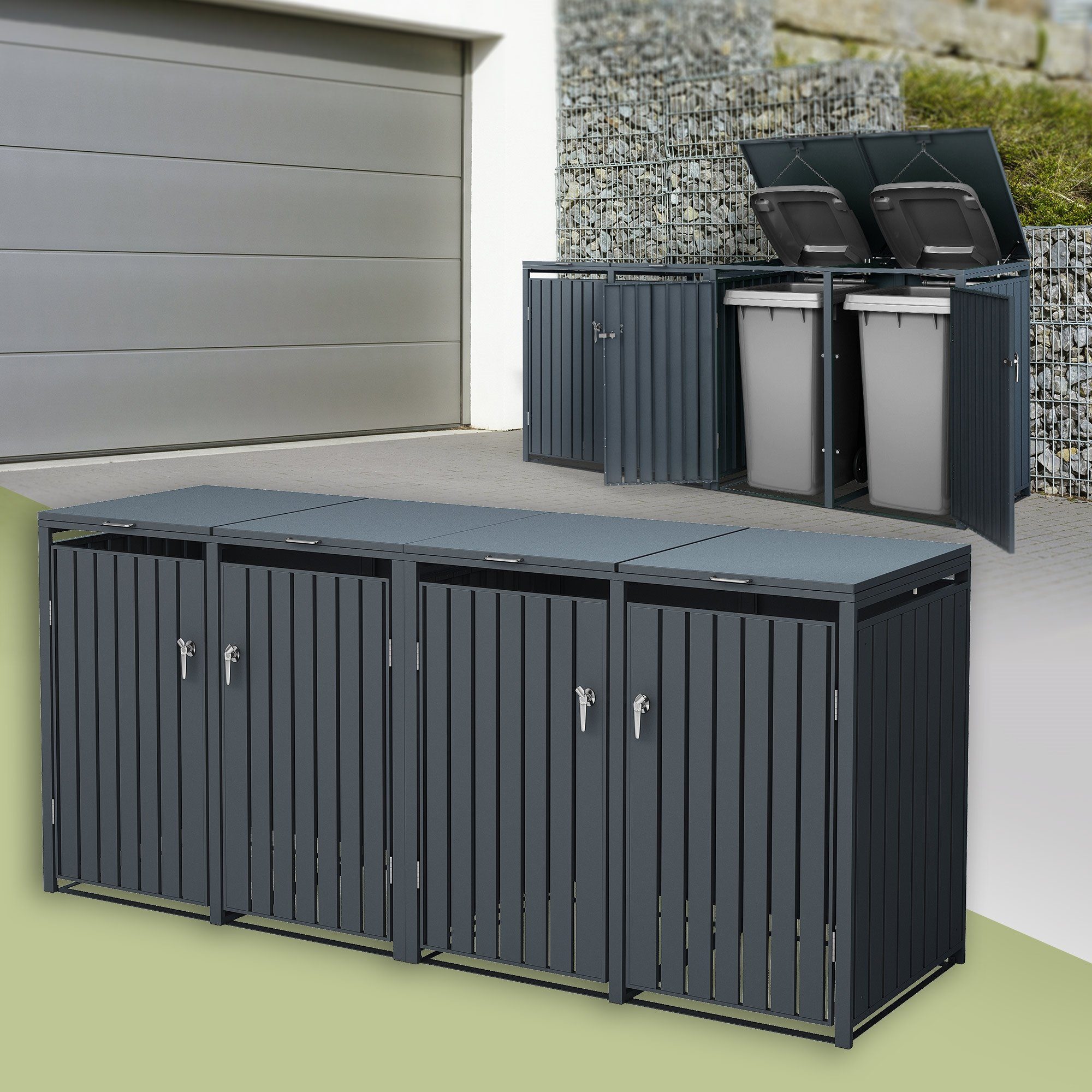 ML-DESIGN Mülltonnenbox für 4 Tonnen Tonnenbox Mülltonnenverkleidung  Tonnenhaus, Anthrazit 240L 264x80x116,3cm abschließbar Stahl