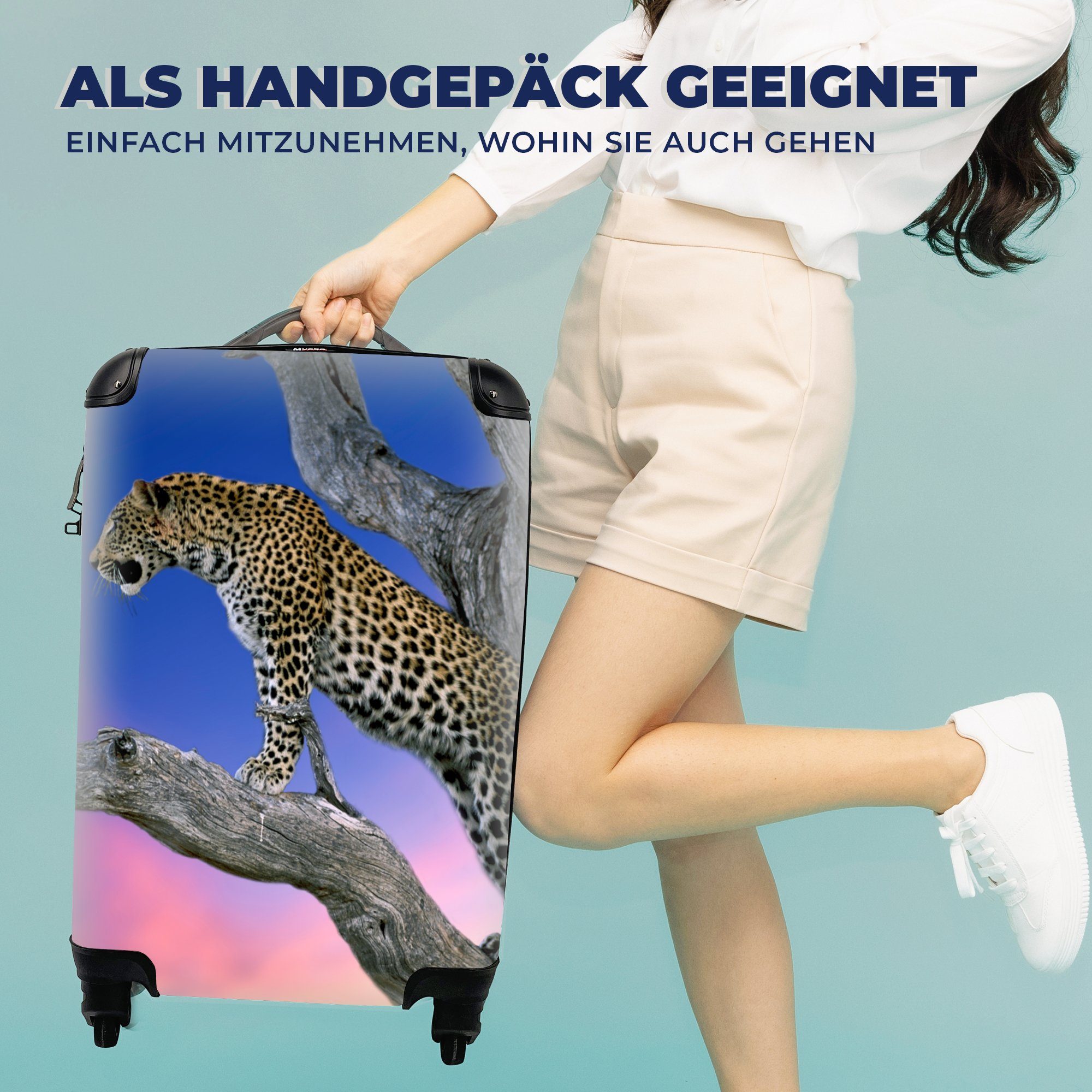 Trolley, für Handgepäckkoffer Baum Zweig, mit Reisekoffer MuchoWow Handgepäck Reisetasche rollen, - Rollen, - Ferien, 4 Leopard