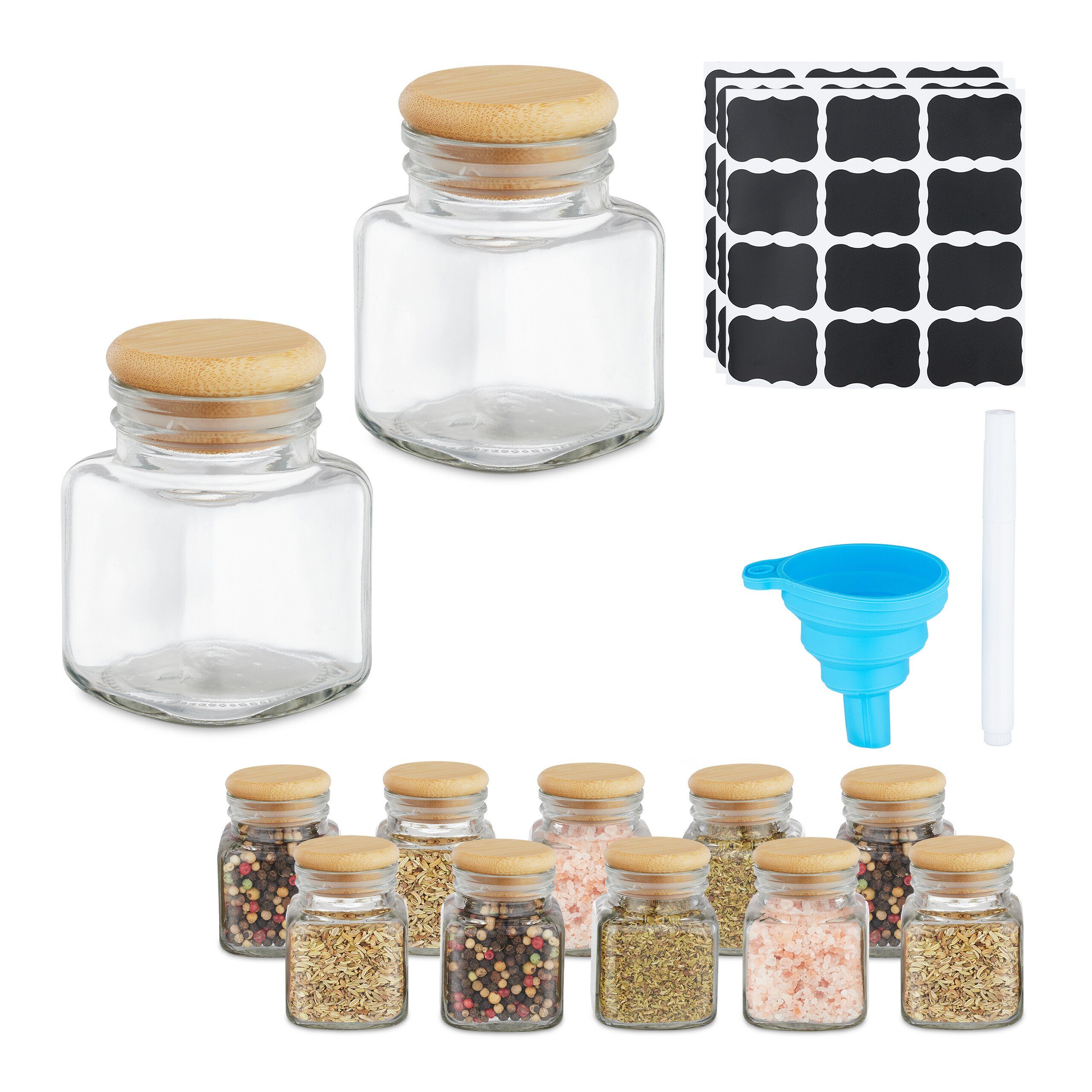 relaxdays Gewürzstreuer 12er Set Gewürzgläser mit Bambusdeckel